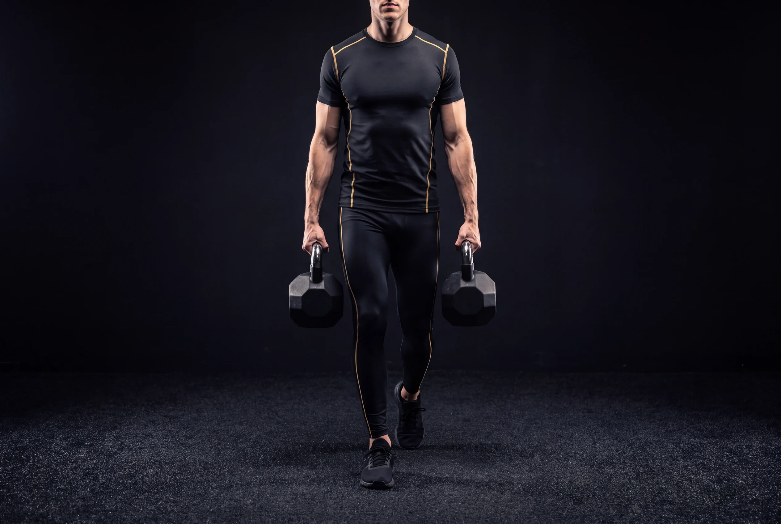 Athlete carrying octagonal HYROX Octo kettlebells in each hand across dark turf
