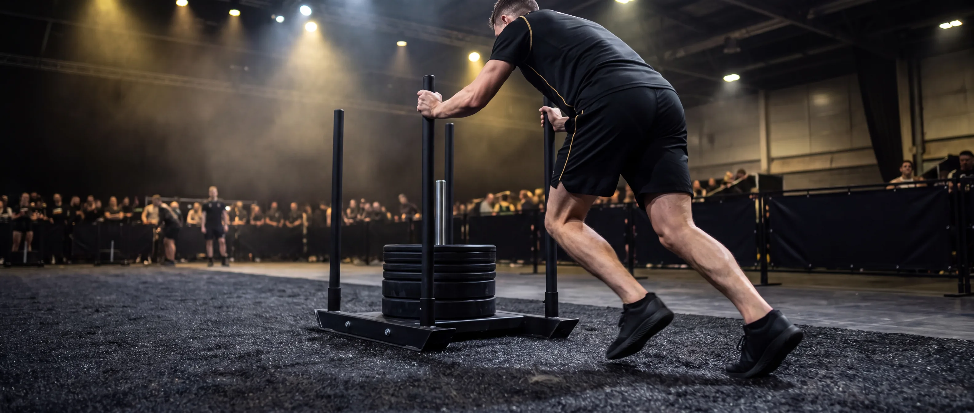 Athlete driving a loaded HYROX sled forward across dark turf in unbranded black training shoes
