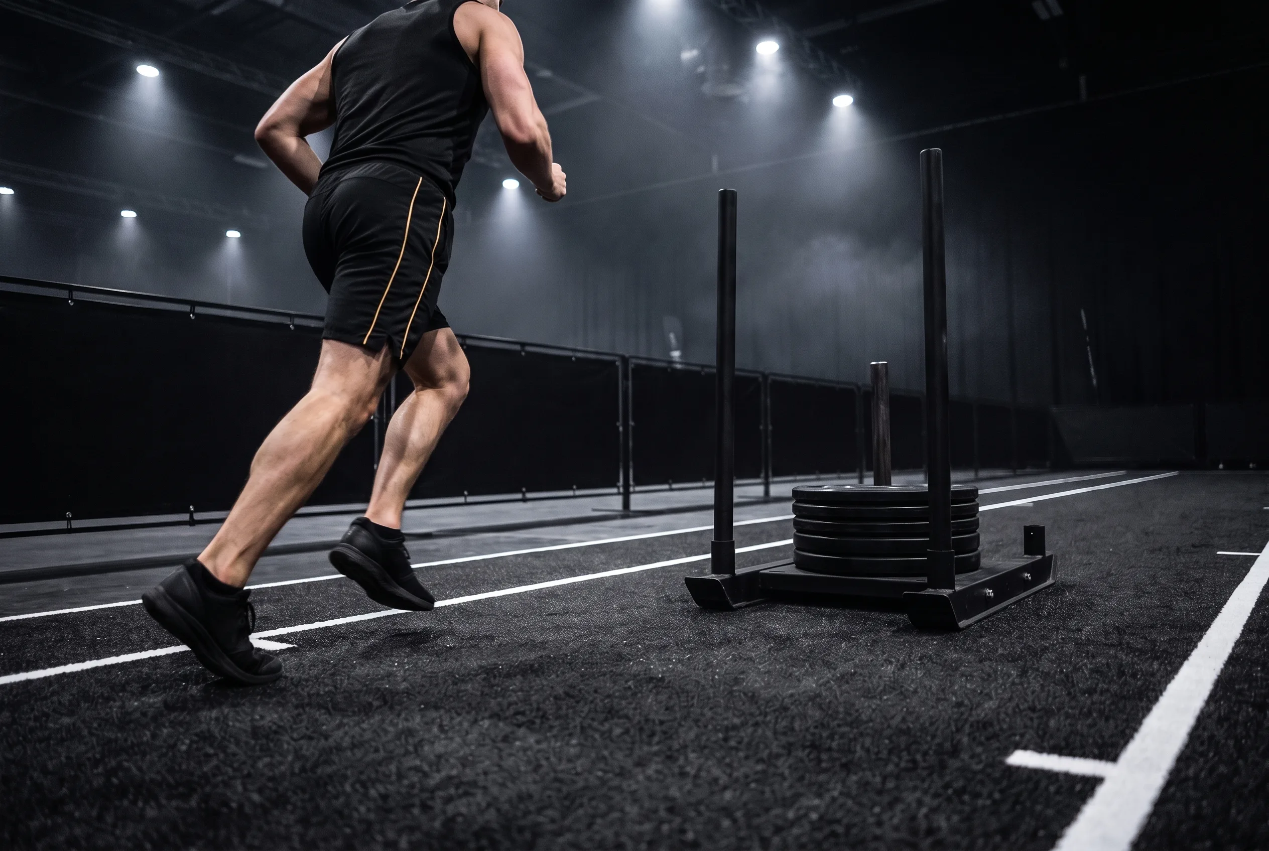 An athlete breaks into a running stride away from the sled push on dark arena turf