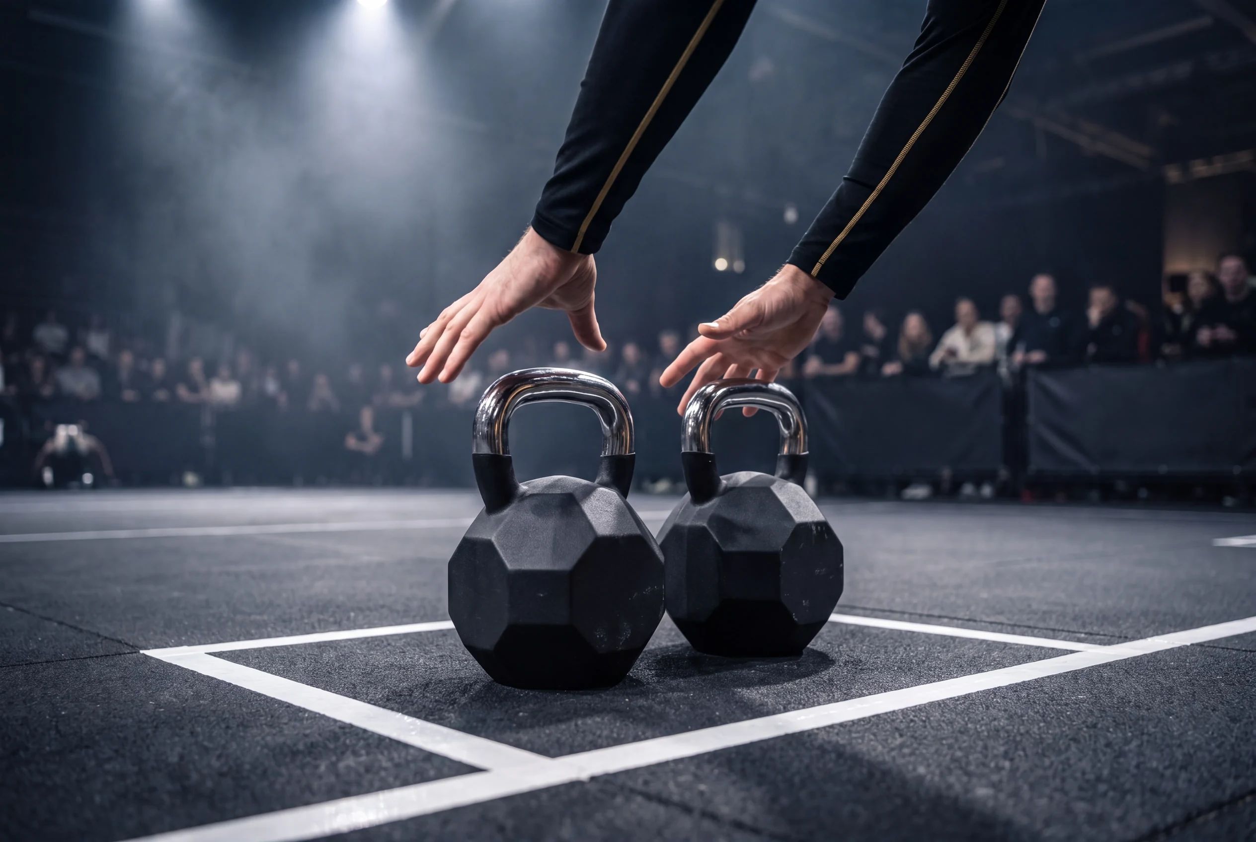 Two octagonal HYROX kettlebells returned upright inside the marked box at the finish