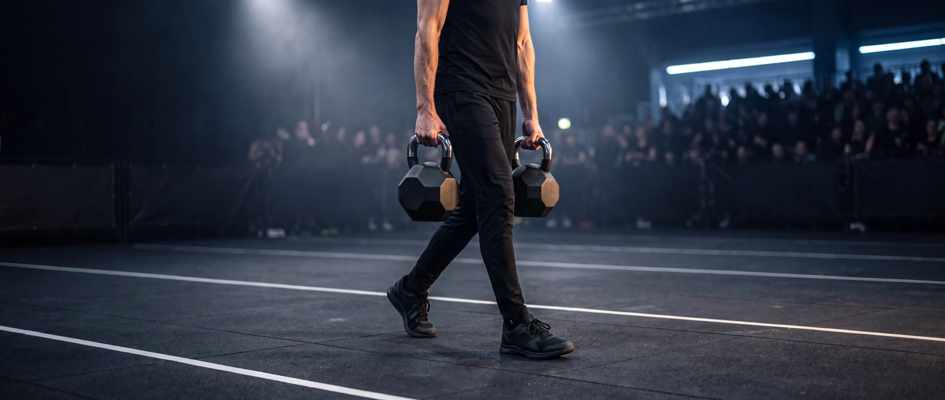 HYROX athlete carrying two octagonal kettlebells at arms length during the farmers carry