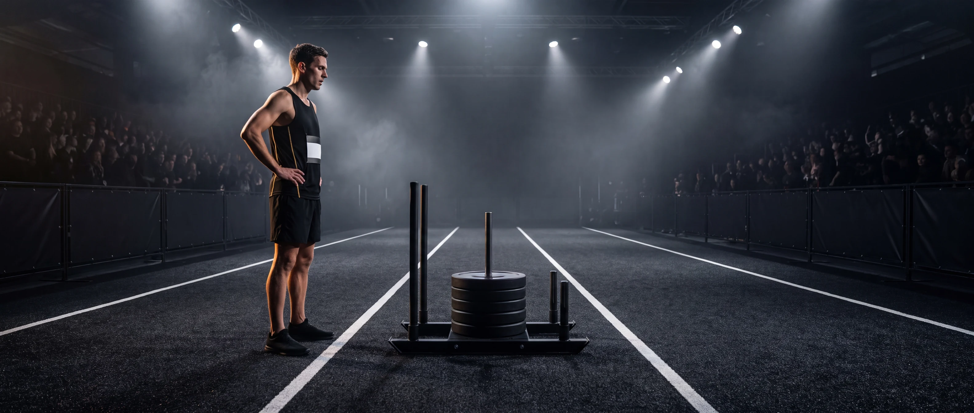 HYROX athlete standing at the head of an empty lane beside a loaded sled