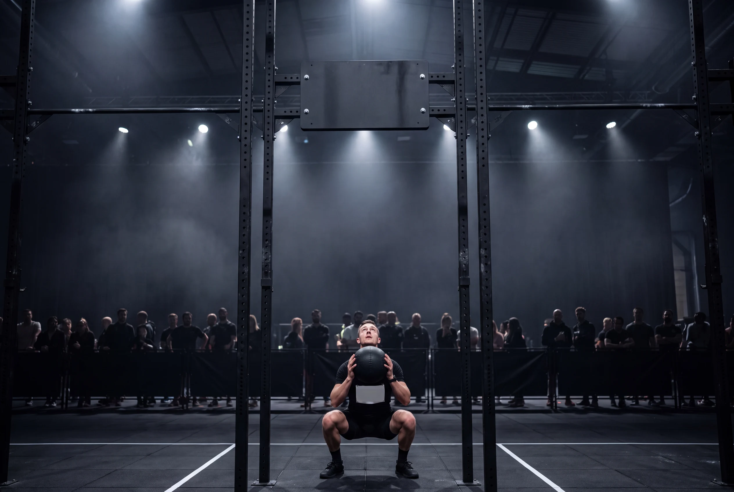 Athlete squatting deep with a medicine ball beneath a high HYROX wall-ball target