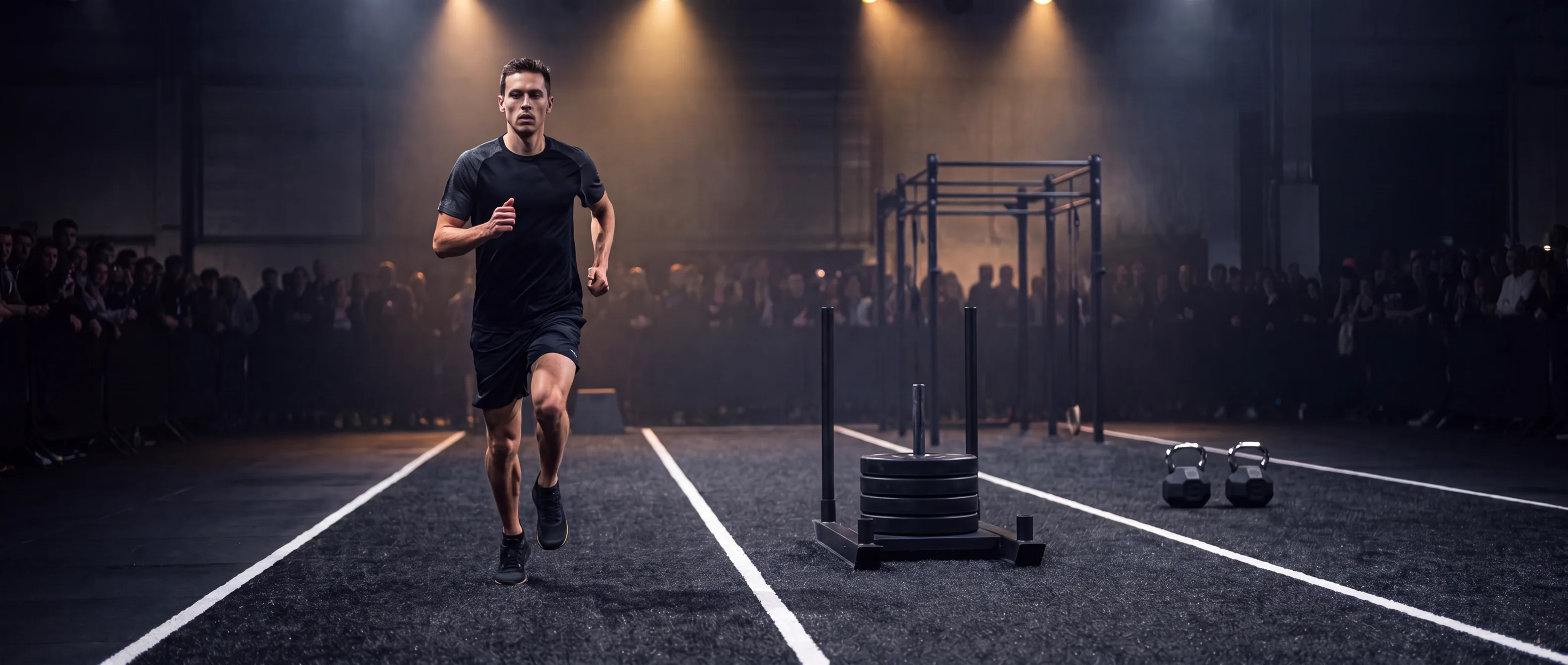Runner moving down a dark HYROX turf lane past a sled and kettlebells