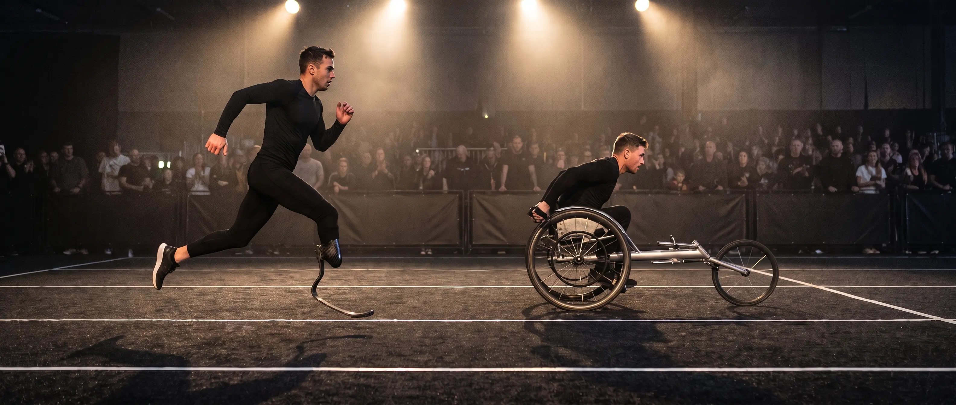 Adaptive HYROX athletes on a running blade and in a racing wheelchair along the run course