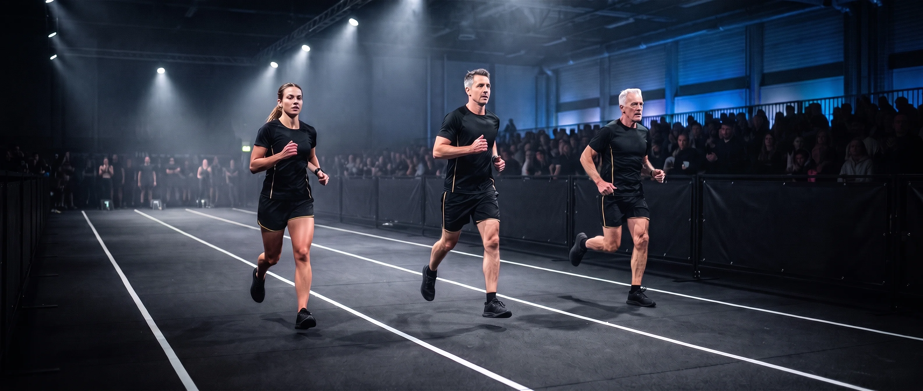 Three HYROX athletes of different ages running together down a competition lane
