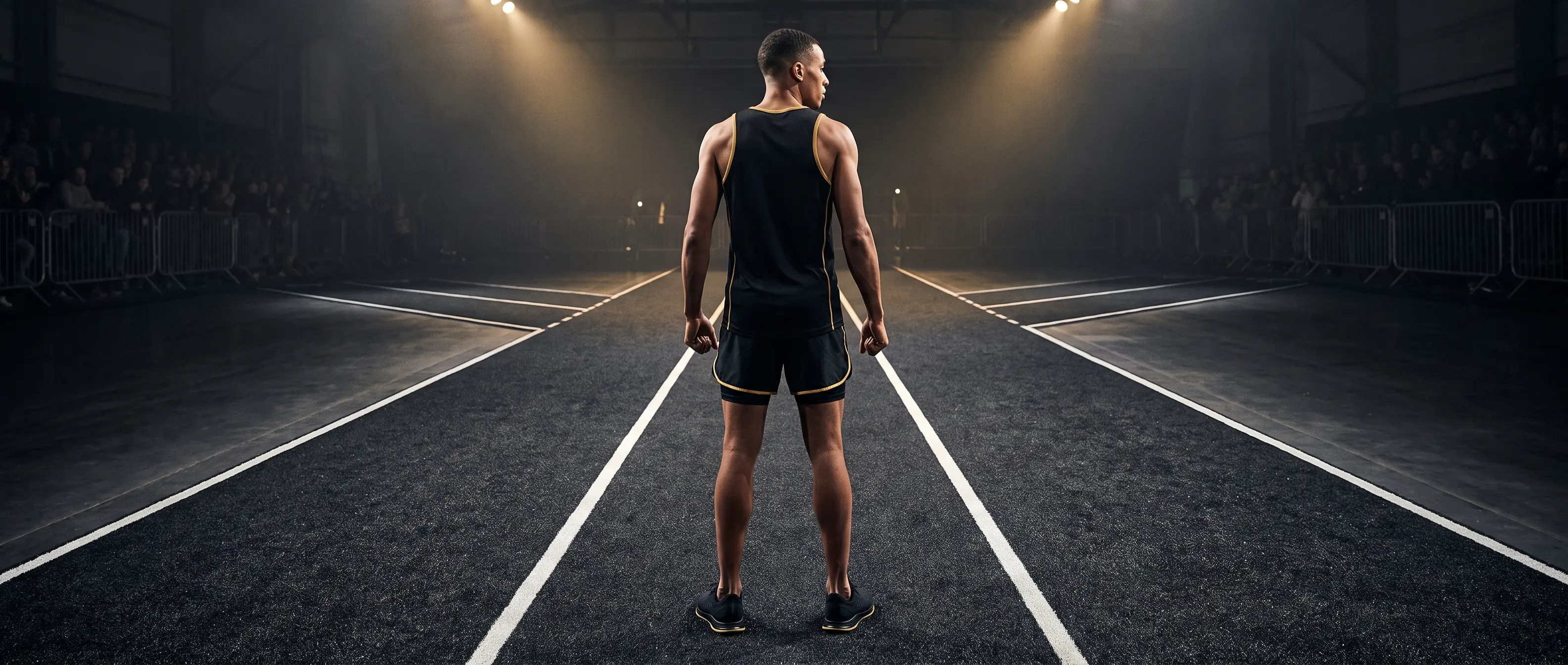 Athlete stands at the near end of three parallel indoor race lanes stretching ahead