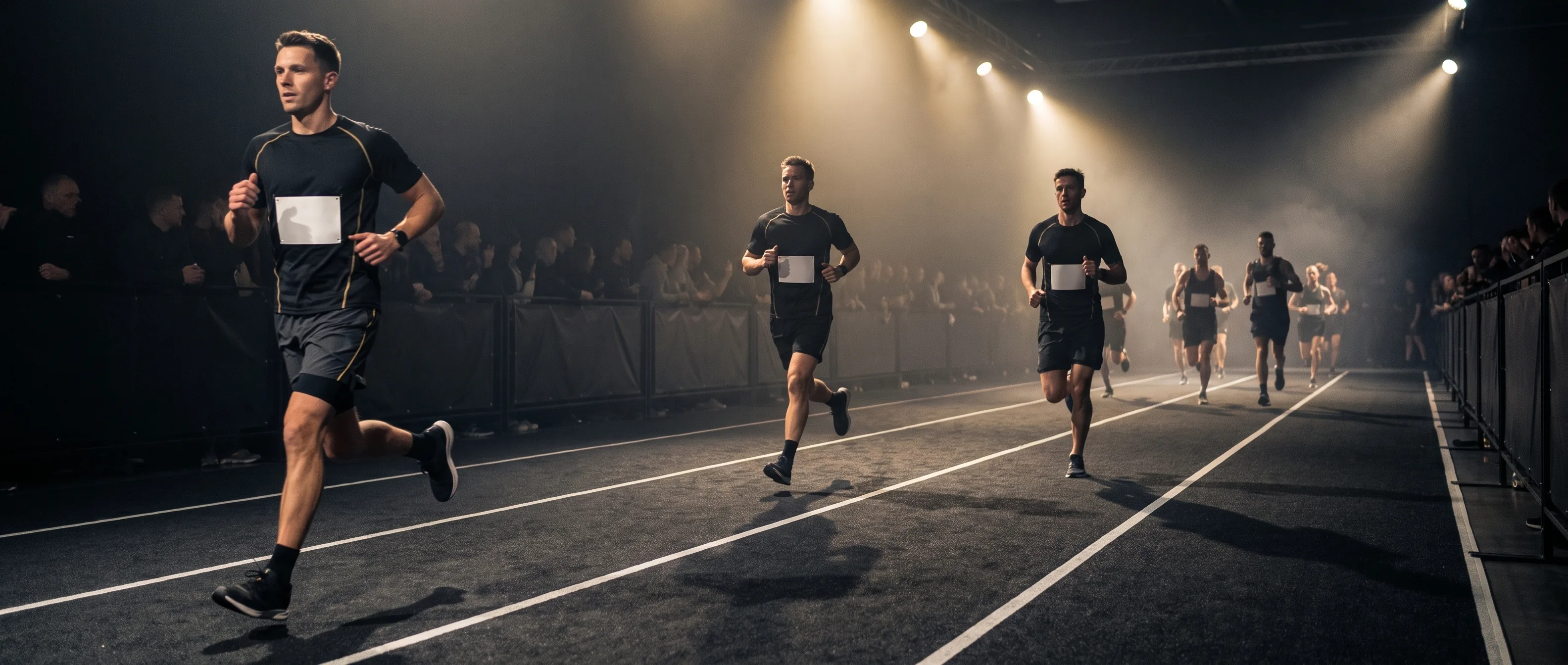 HYROX athletes strung out along an arena running lane in haze
