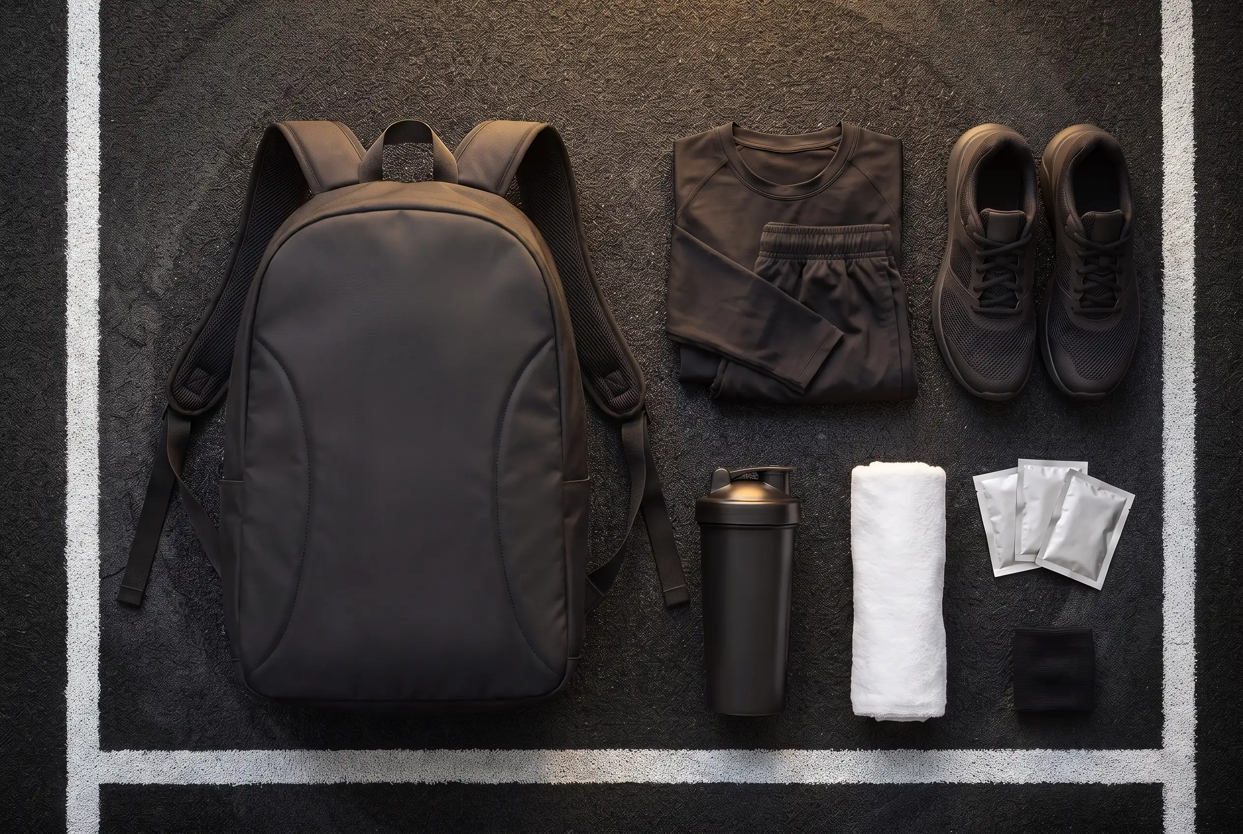 Race day kit laid out flat beside an open backpack before a HYROX event