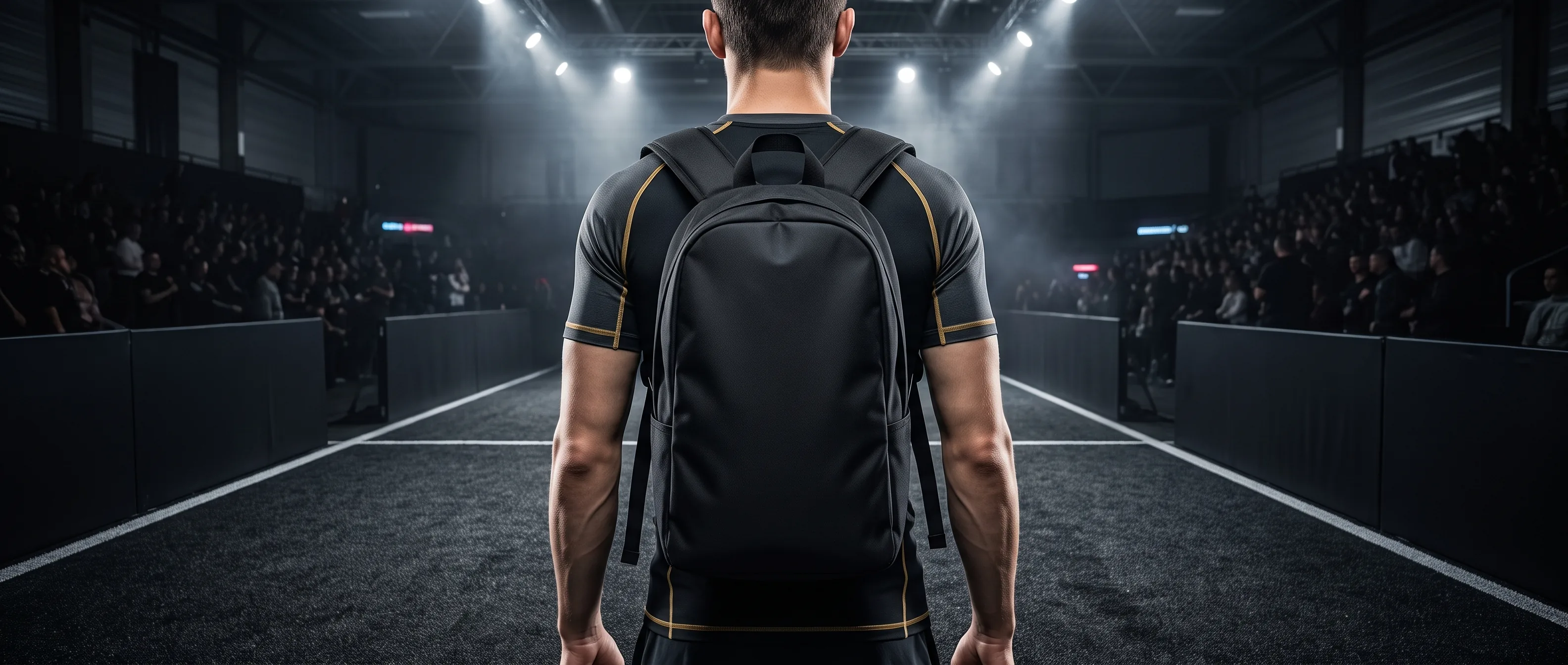 Athlete carrying a plain black backpack through a dark HYROX arena concourse before racing