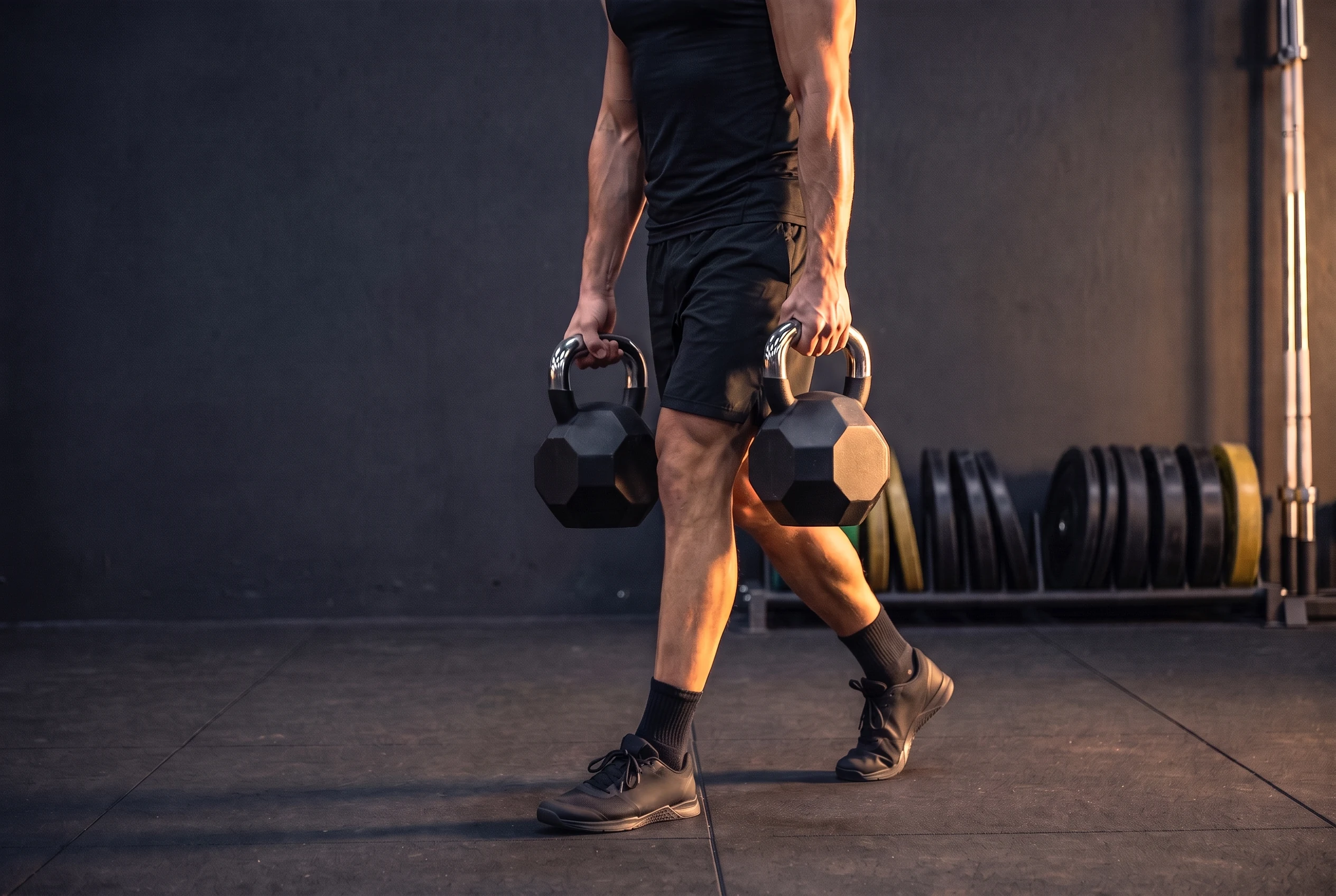 Athlete carrying two octagonal HYROX kettlebells at arms length during gym training