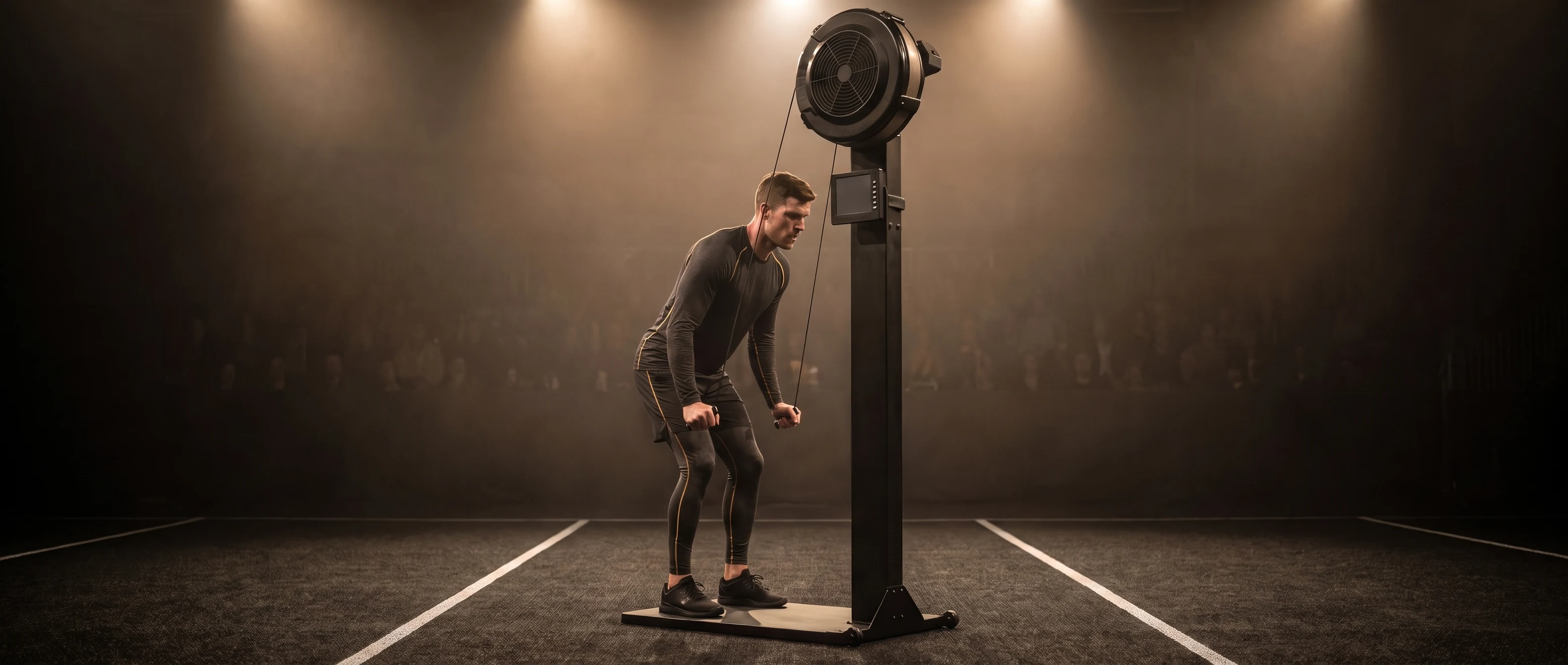 Beginner HYROX athlete pulling SkiErg handles down in a dark competition arena