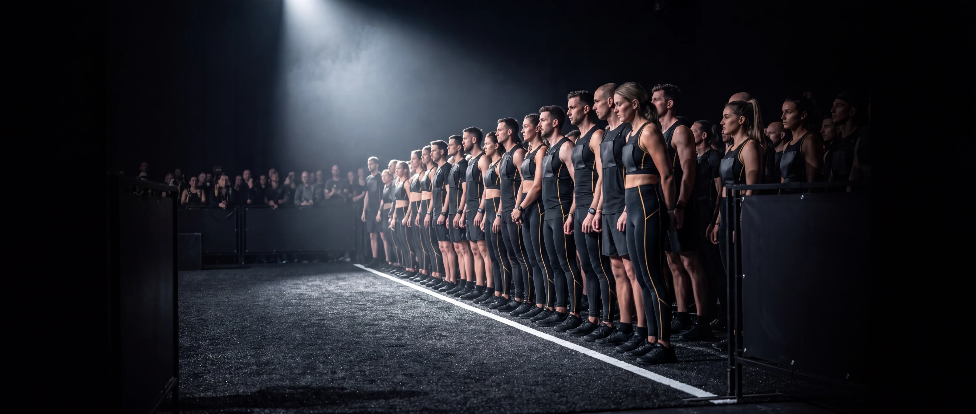 HYROX athletes lined up at the start line under a single arena spotlight