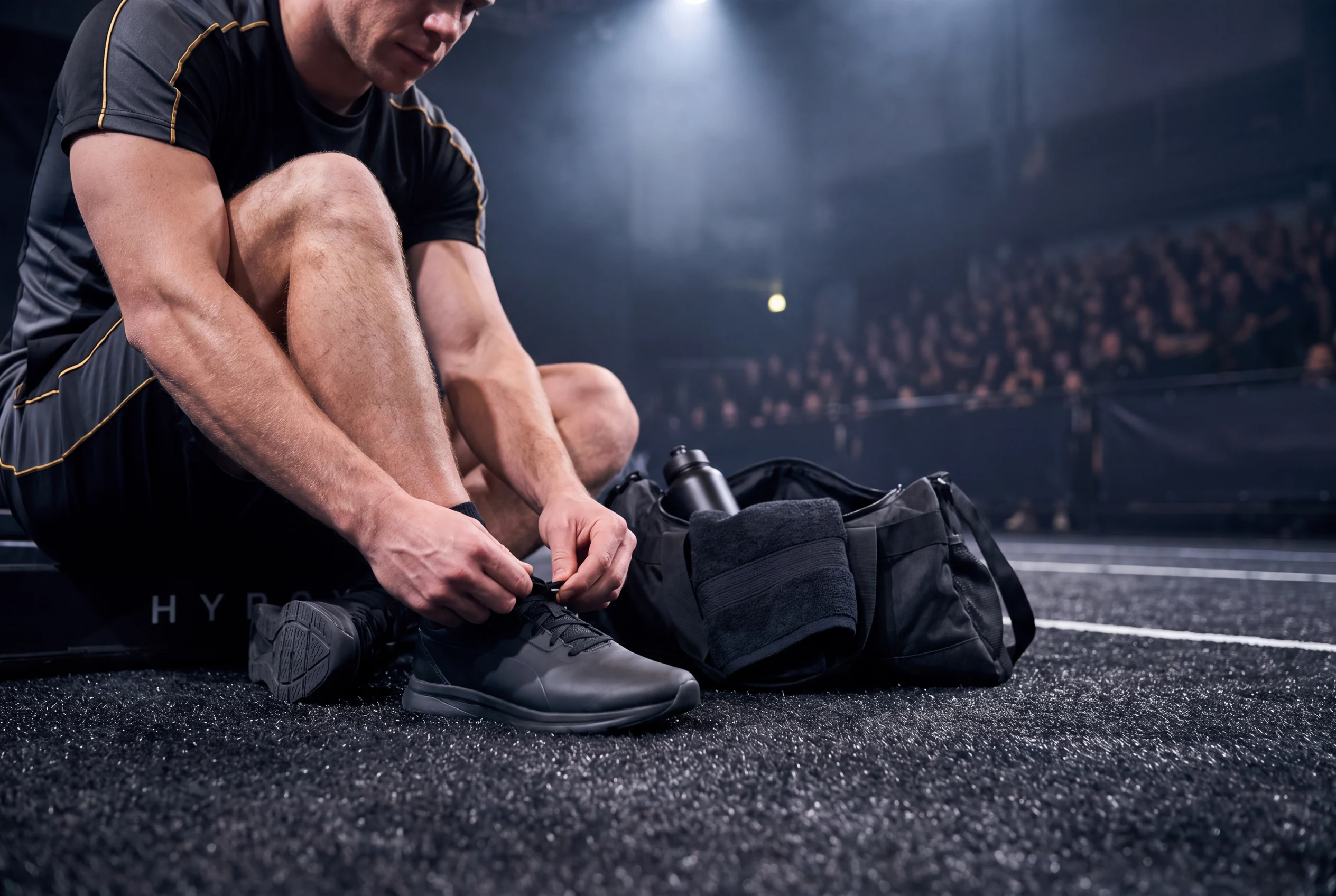 Athlete lacing plain black training shoes beside a kit bag on HYROX turf