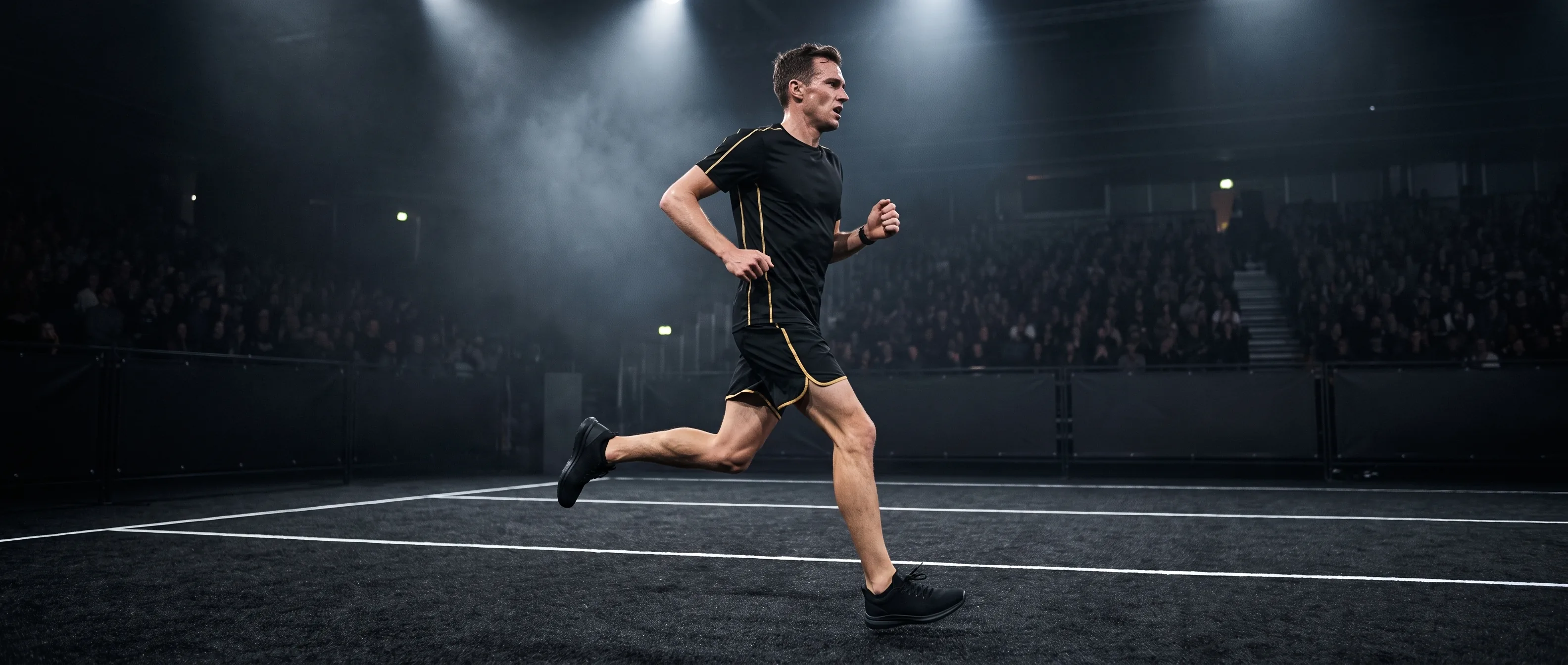 Lone HYROX athlete running the arena course, deep into race fatigue.