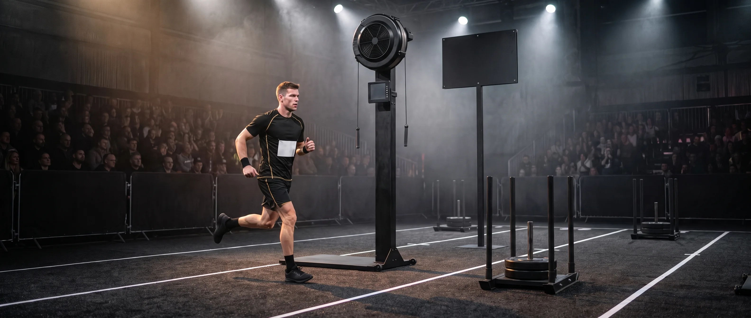 HYROX athlete running a marked lane past the SkiErg, sled and wall-ball rig