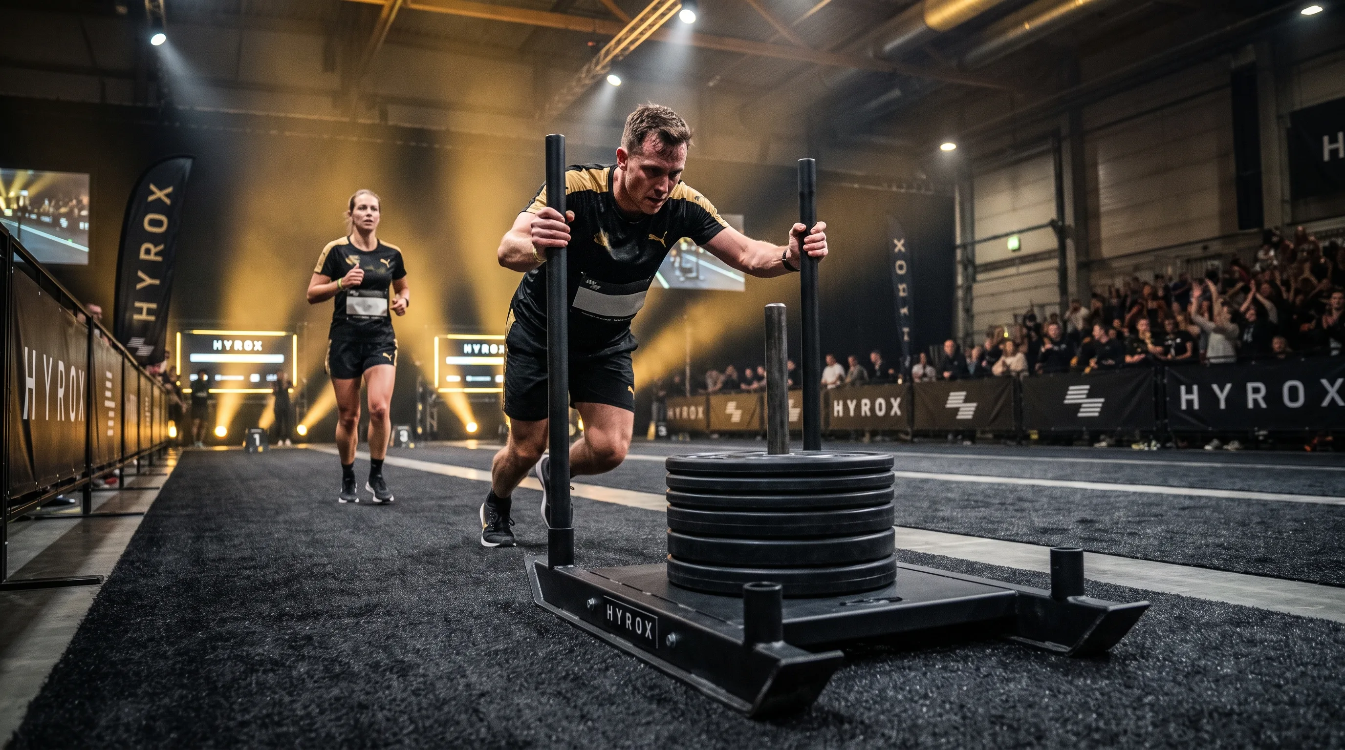 HYROX doubles pair mid-changeover at the sled push on a dark competition floor