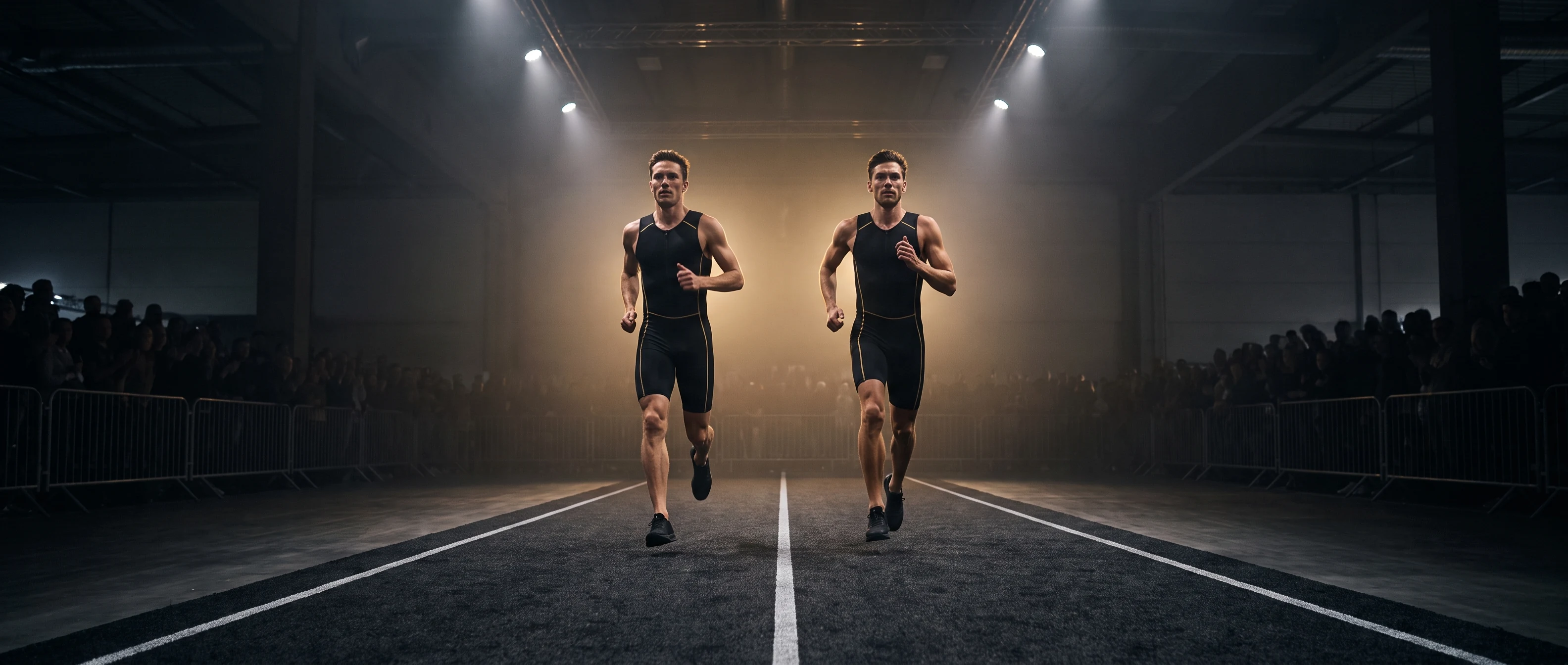 Two HYROX doubles partners running side by side on a dark arena run course
