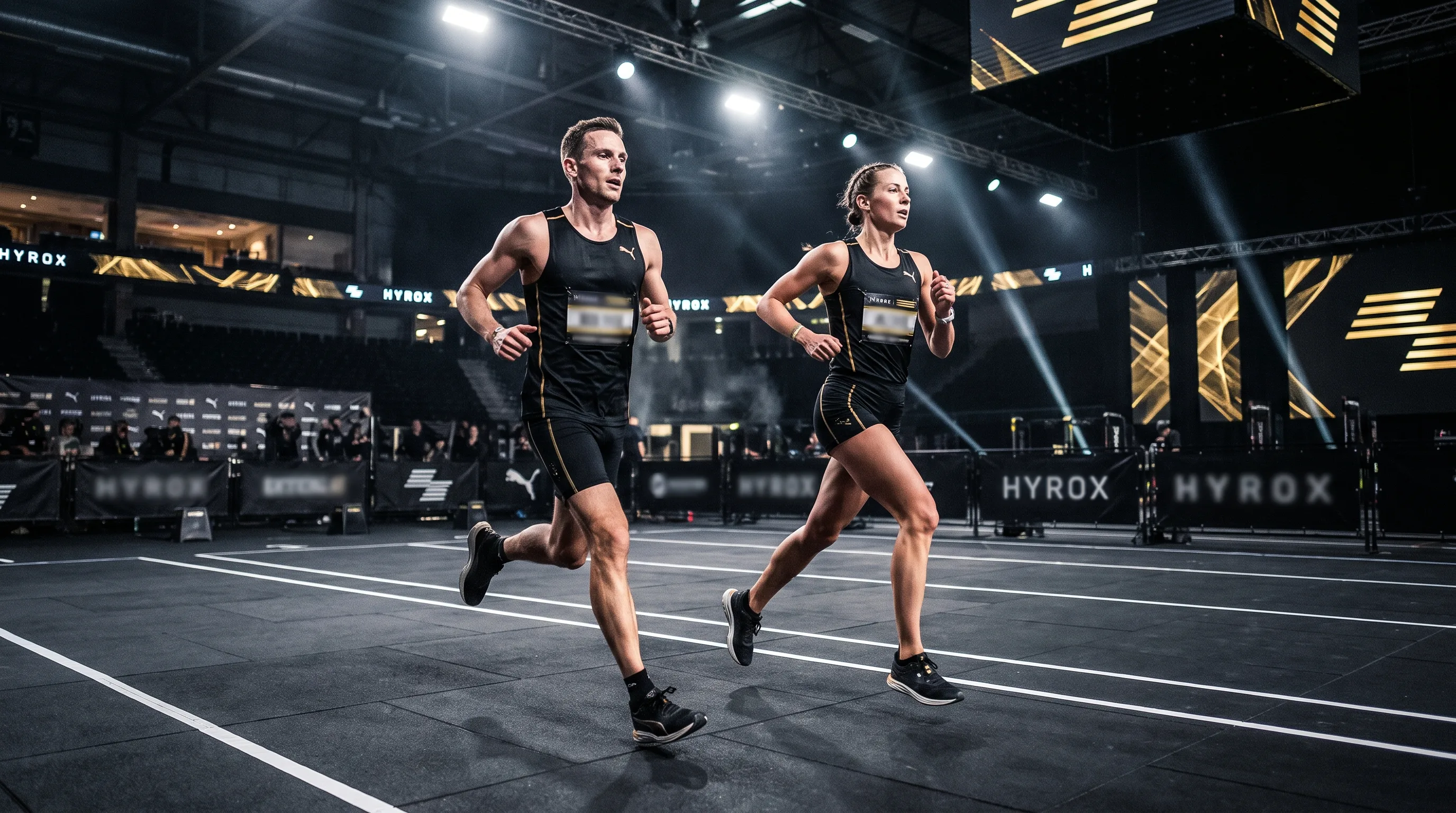 Mixed doubles partners running together side by side toward the HYROX arena floor
