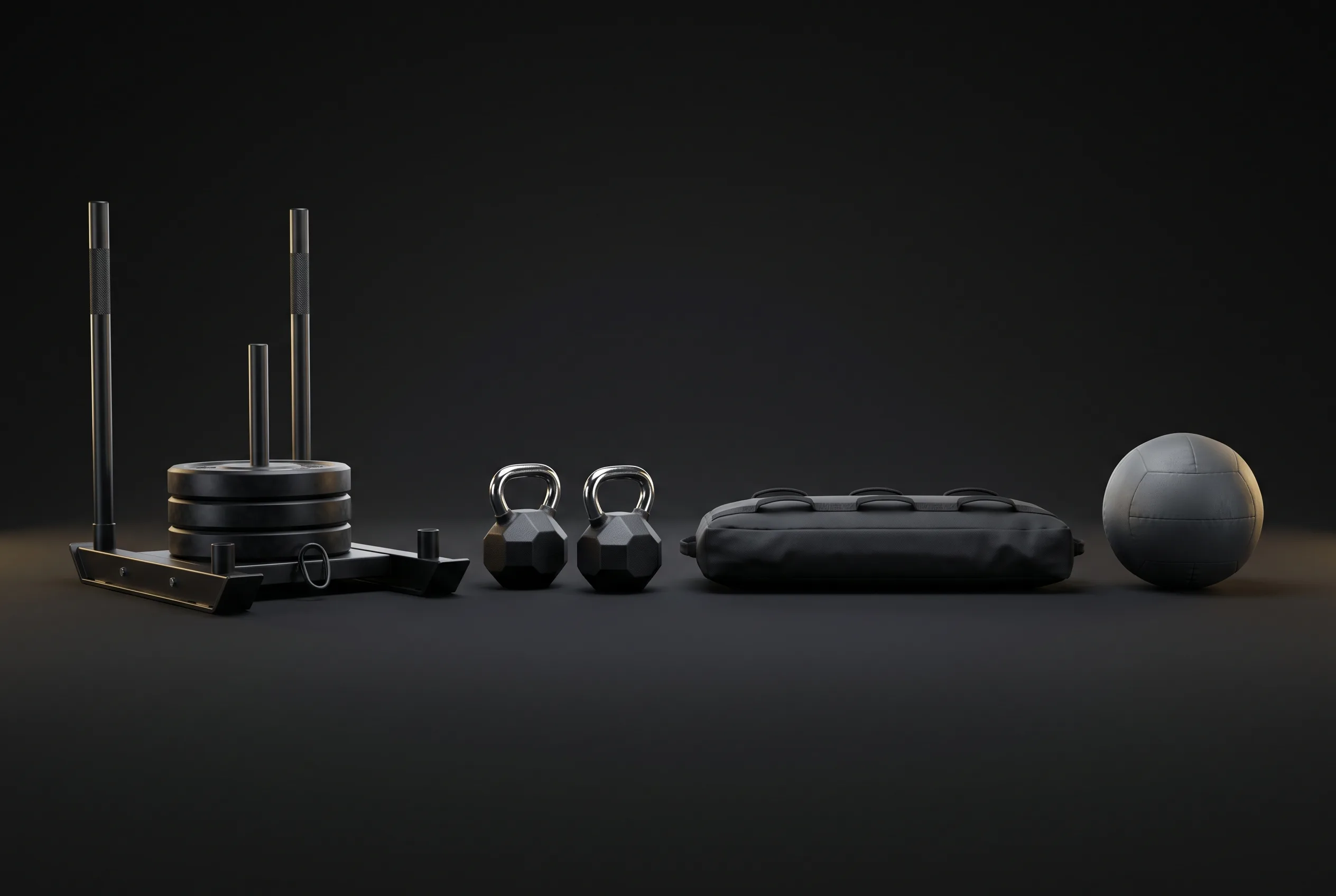 HYROX doubles equipment lineup with sled kettlebells sandbag and wall ball on a dark background