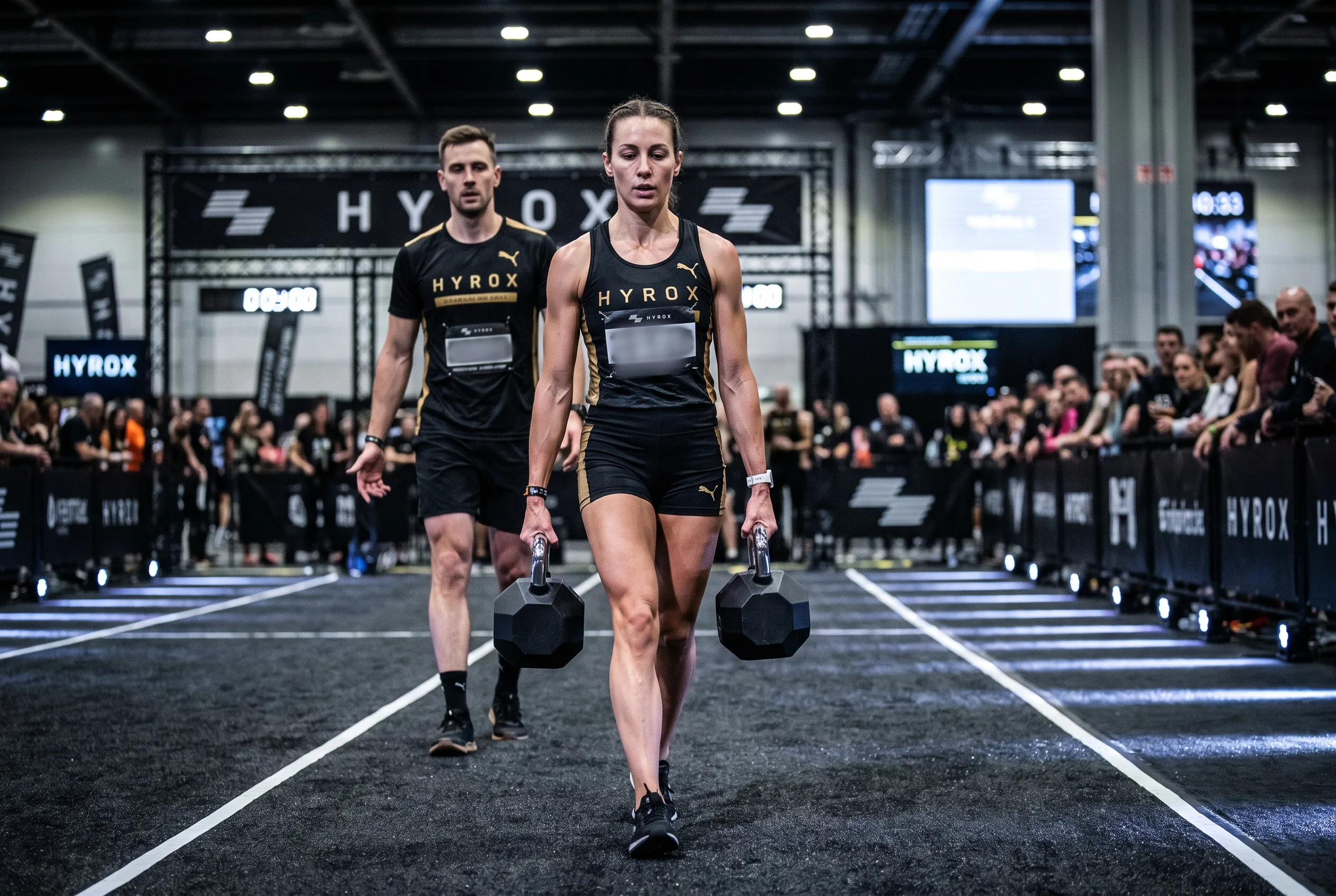 A mixed doubles pair carrying kettlebells down the farmers carry lane at a HYROX race