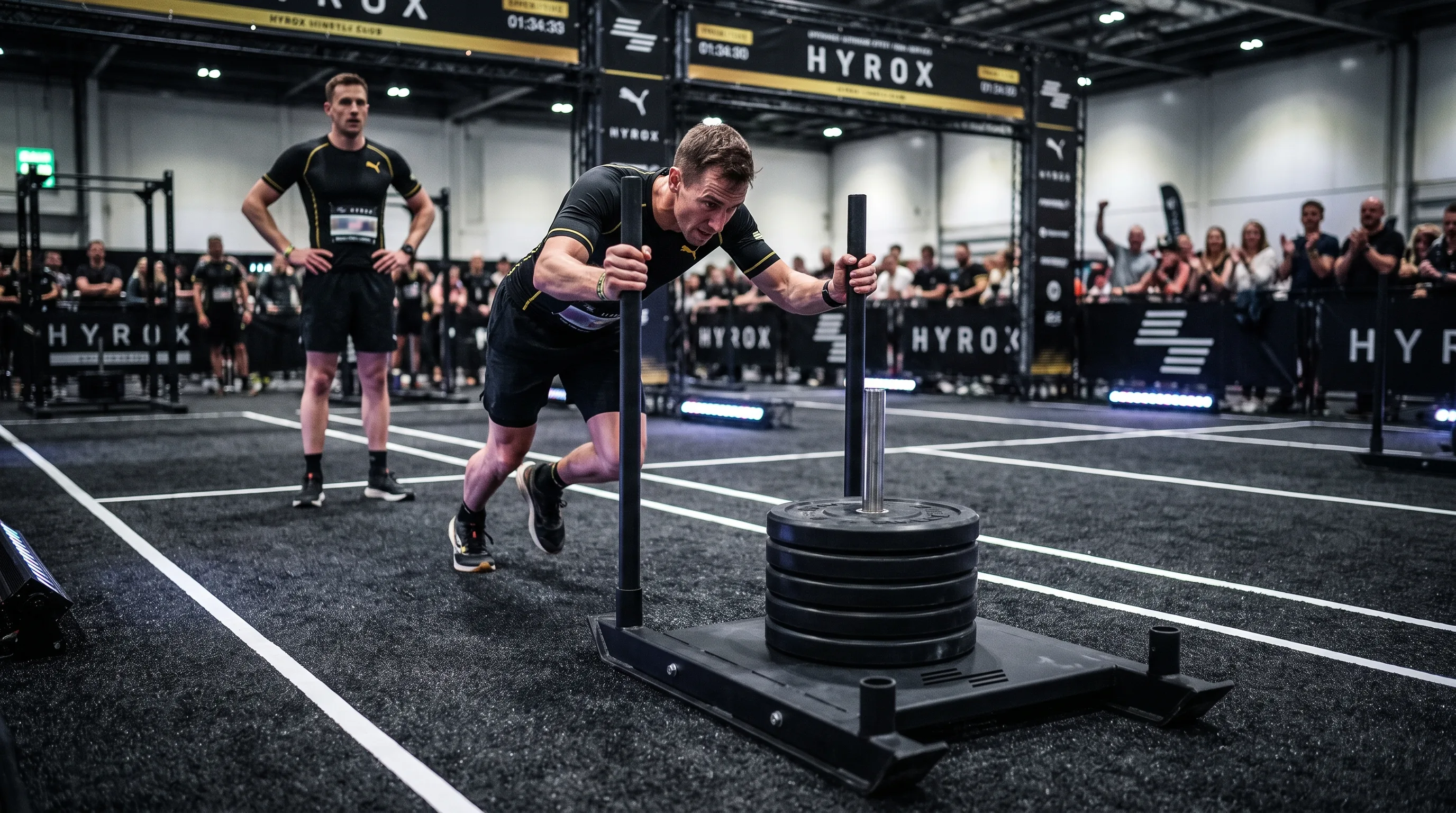 Two-person HYROX doubles team pushing a loaded sled on a competition race floor