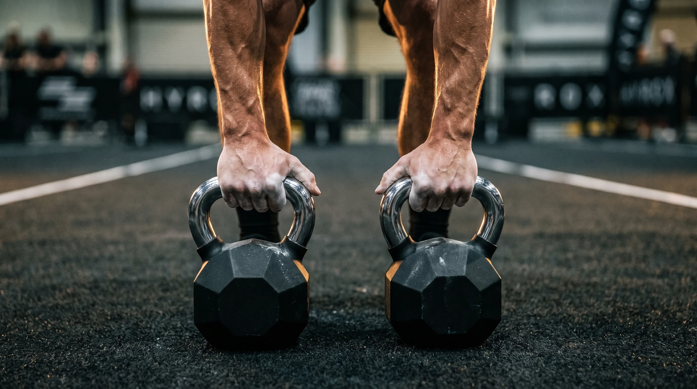 Close-up of an athlete's grip on kettlebell handles showing forearm fatigue