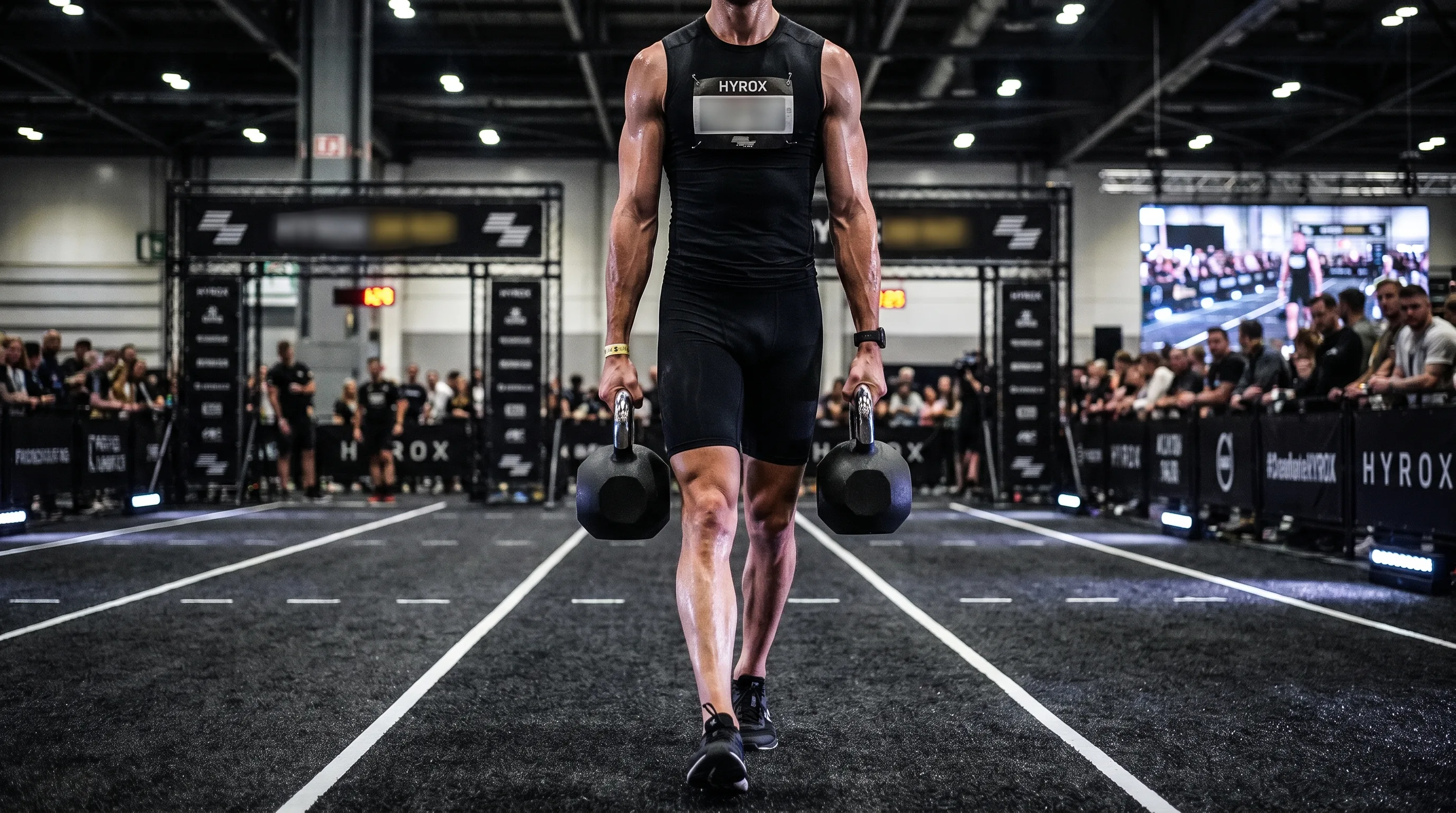 HYROX athlete carrying two kettlebells per hand during the farmers carry station