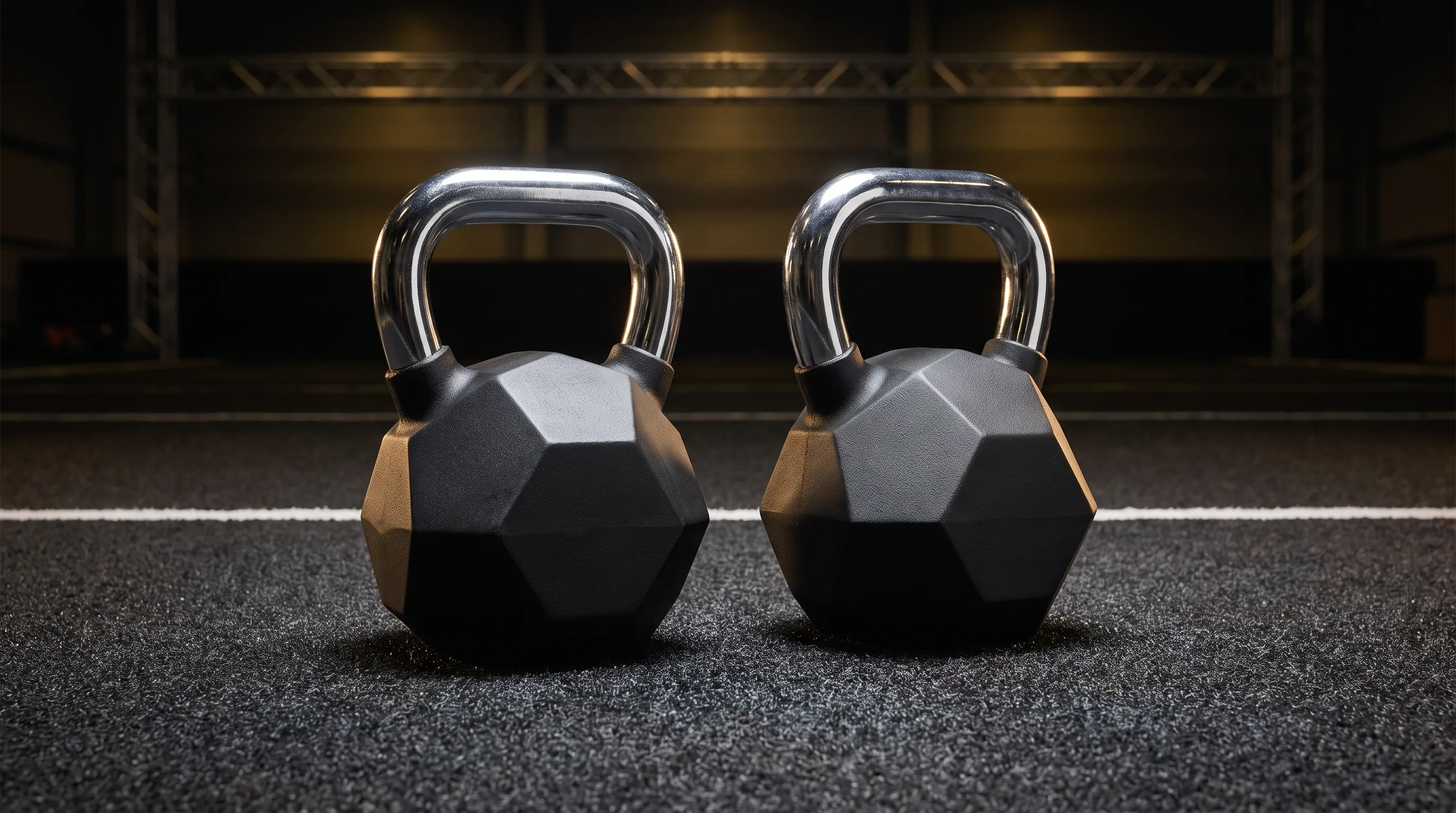 Pair of competition kettlebells representing the per-hand HYROX farmers carry load