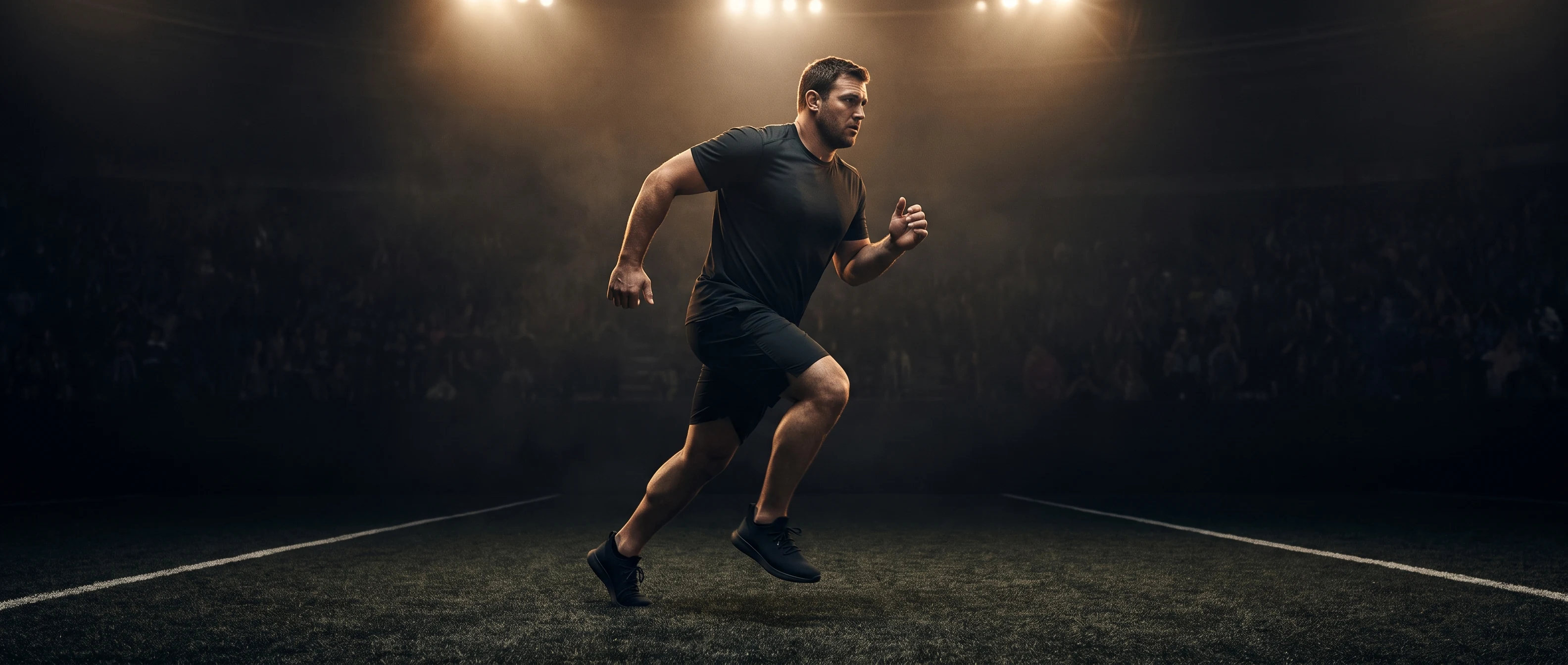 Muscular strength athlete running steadily across dark arena turf under dramatic overhead spotlights