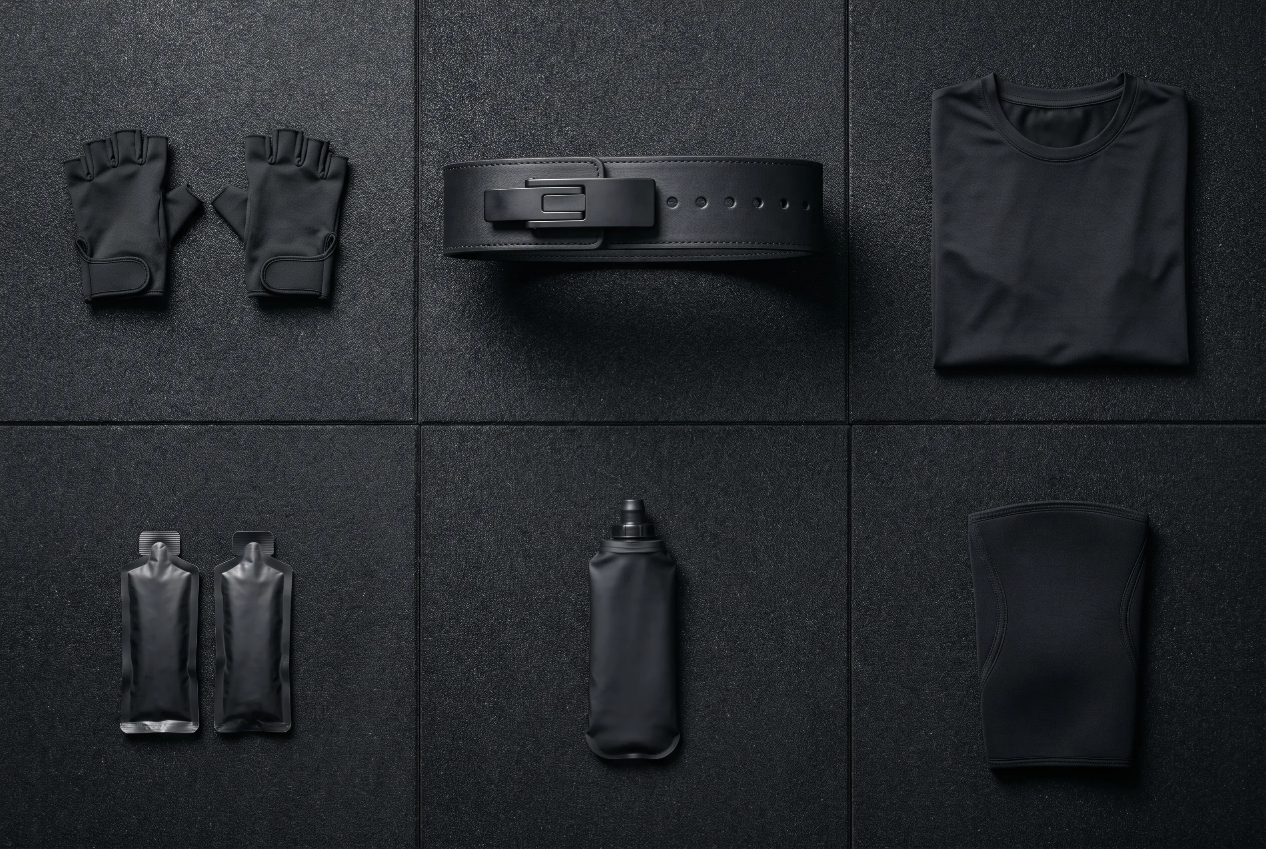 Overhead flat lay of gloves, belt, knee sleeve, tee, gels and a soft flask