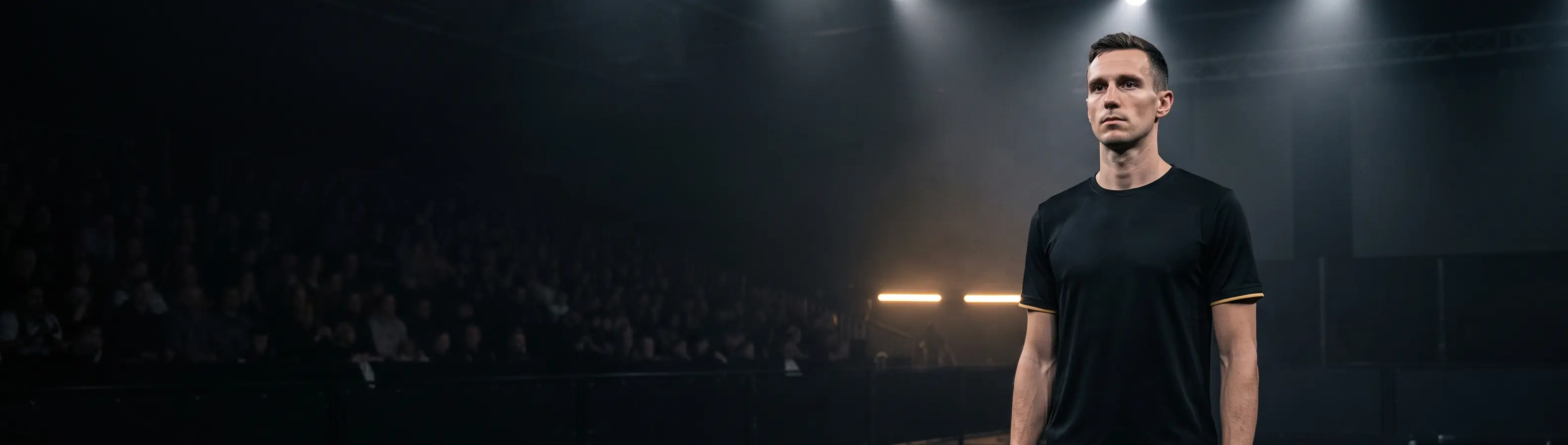 Hybrid athlete standing still in plain black kit inside a dark HYROX arena
