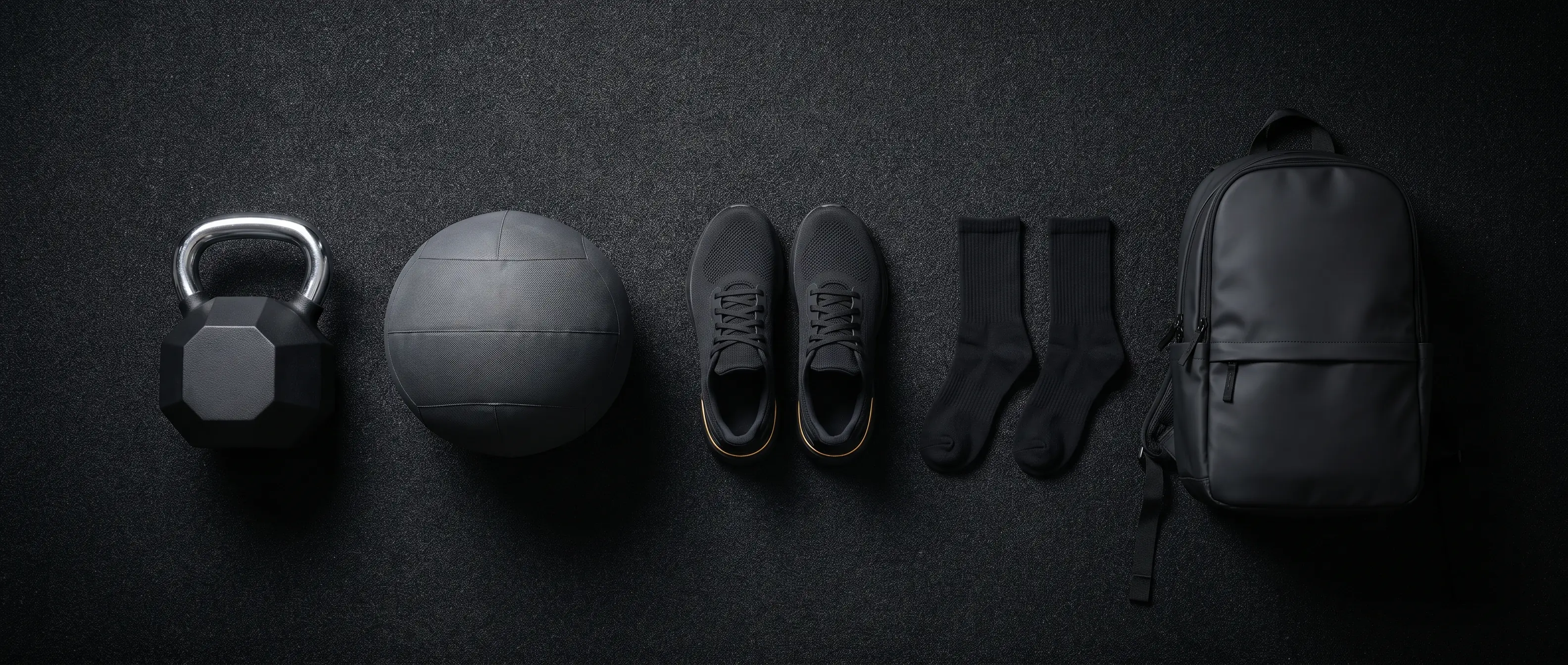 Overhead flat-lay of HYROX kettlebell, wall ball, shoes, socks and backpack on arena turf