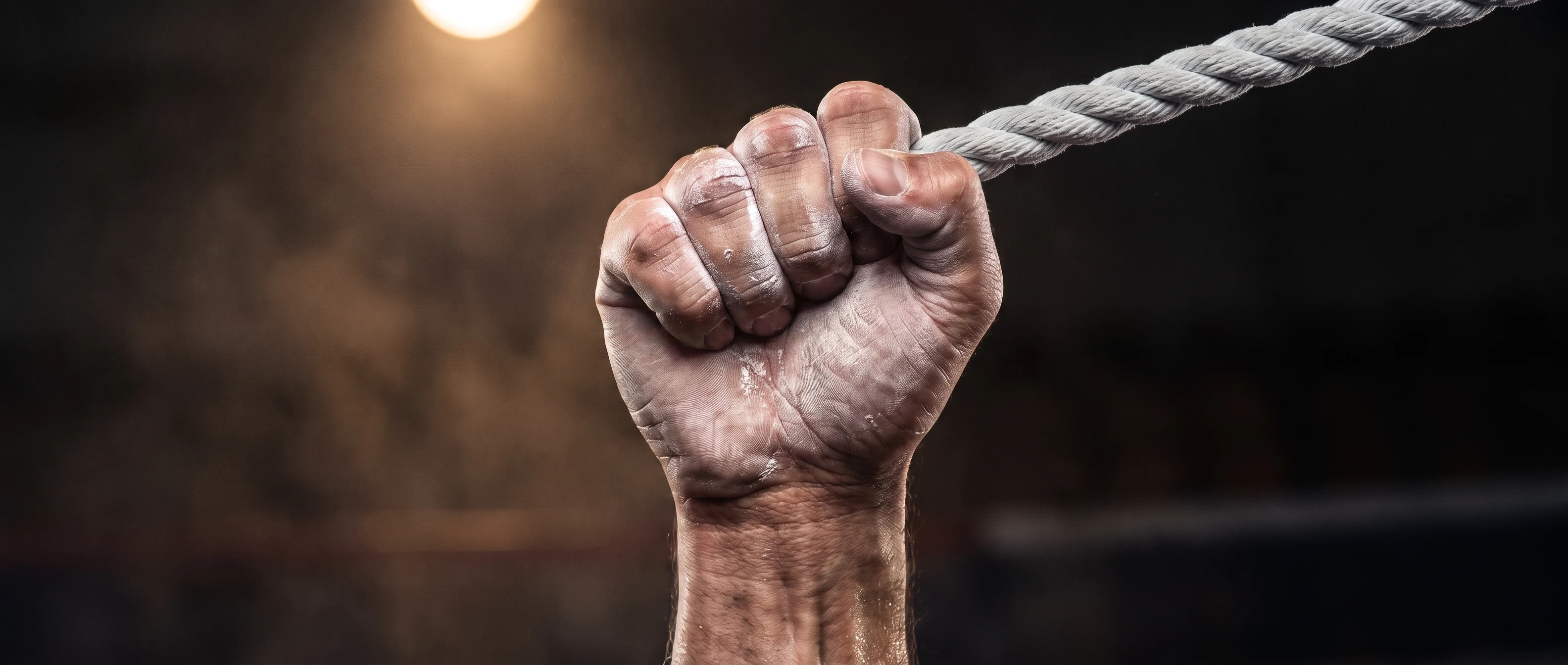 Chalked closed fist gripping a thick rope in a dark HYROX arena