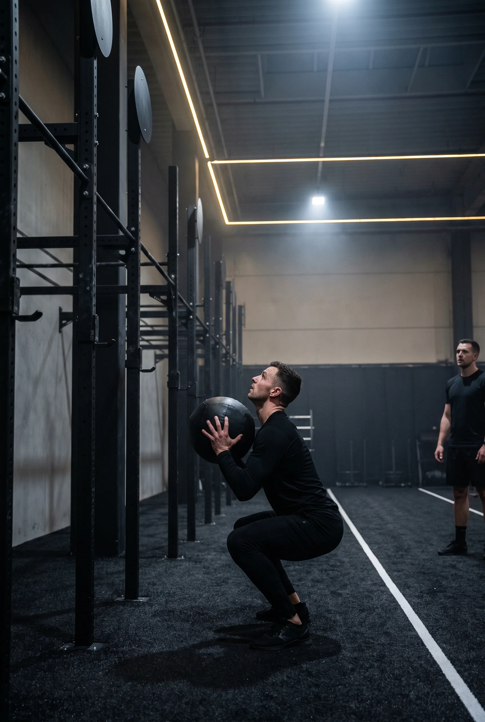 Athlete squatting below a HYROX wall-ball target mounted high on a gym rig