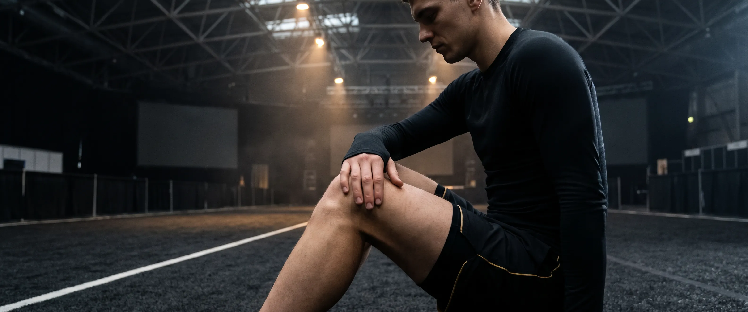 HYROX athlete seated on dark arena turf, one hand resting on a bent knee