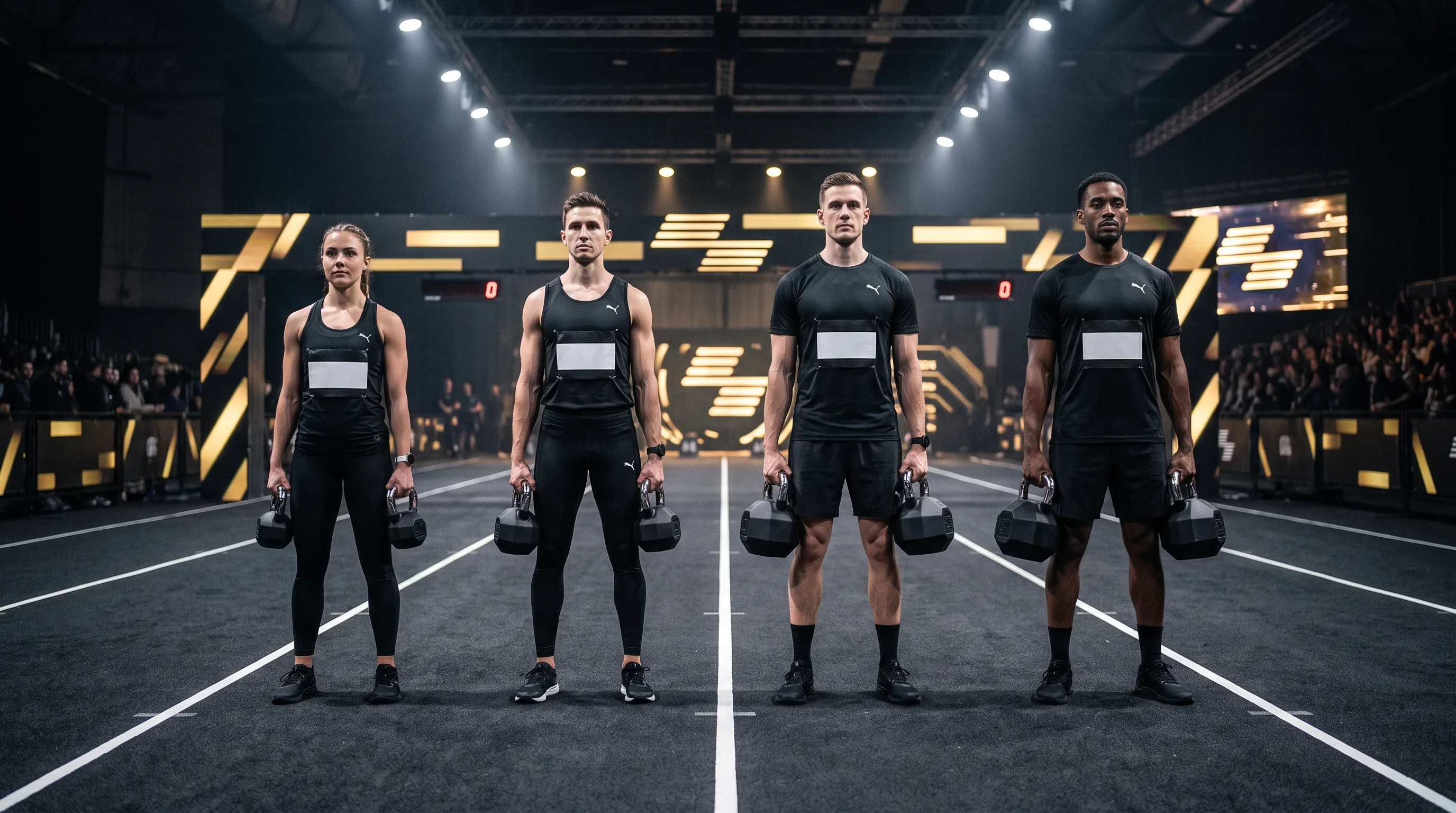 Four HYROX athletes holding kettlebell pairs that show the weight jump across divisions