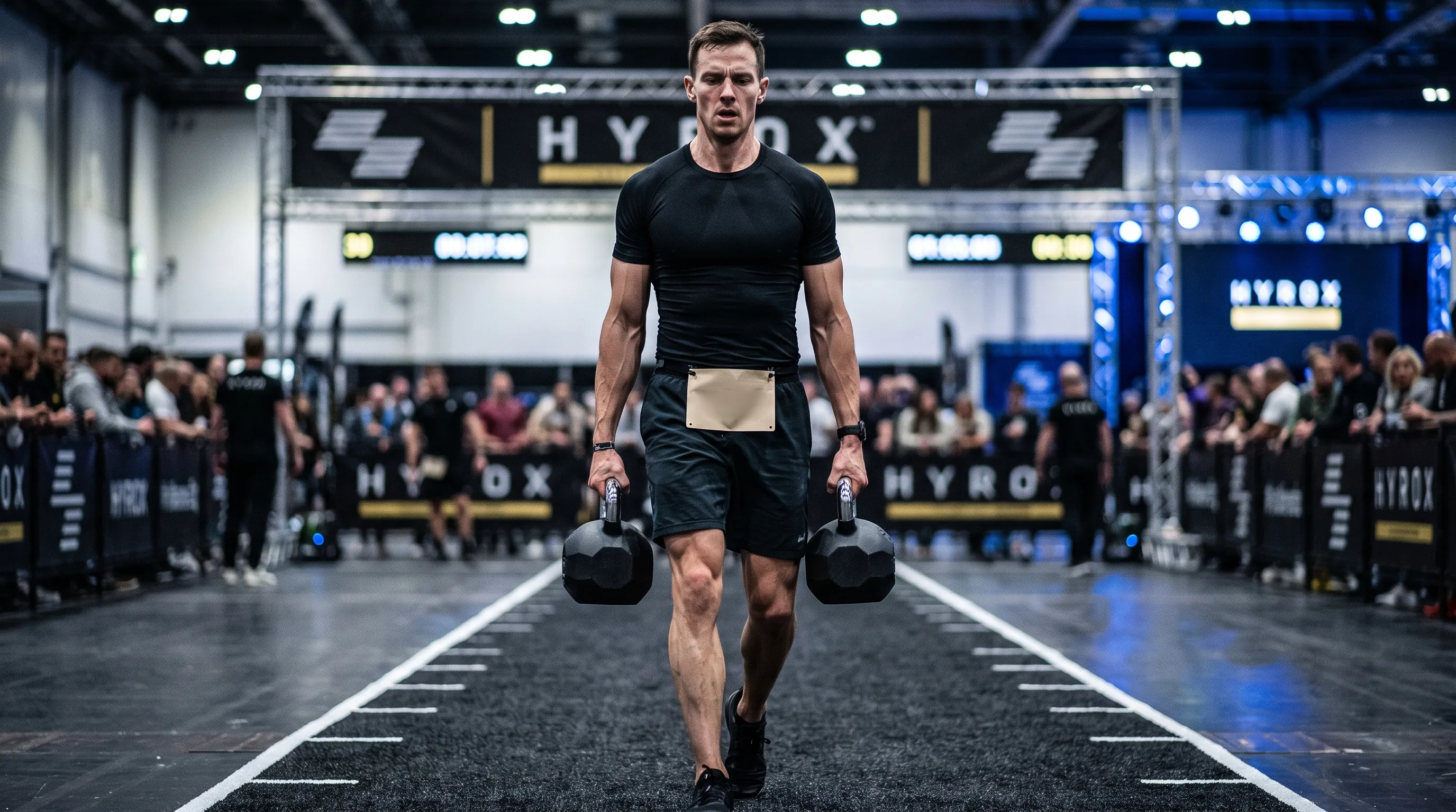 HYROX athlete carrying two kettlebells during the farmers carry on a dark race floor