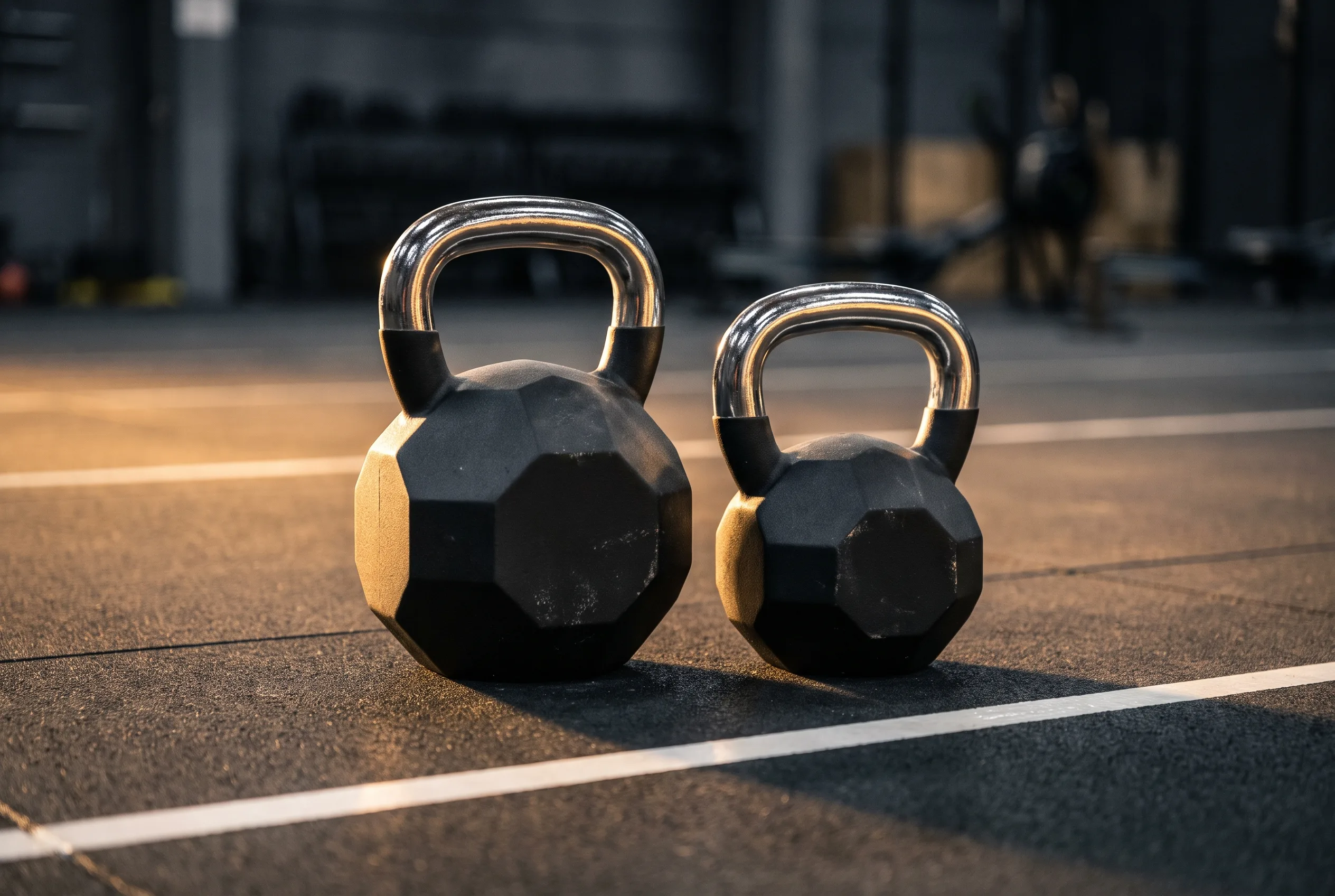 Two octagonal HYROX competition kettlebells resting on black flooring under warm gold lighting