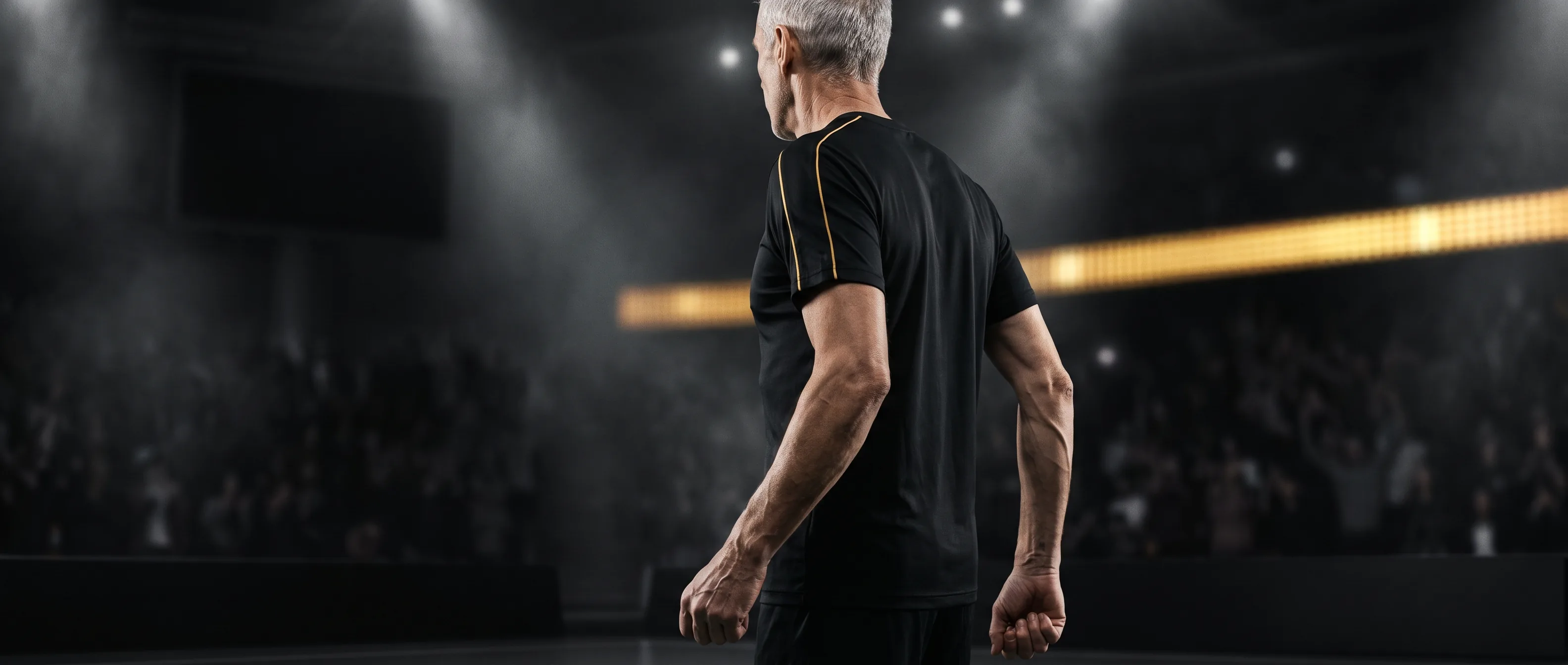 Grey-haired masters athlete standing in a dark HYROX arena, seen from behind