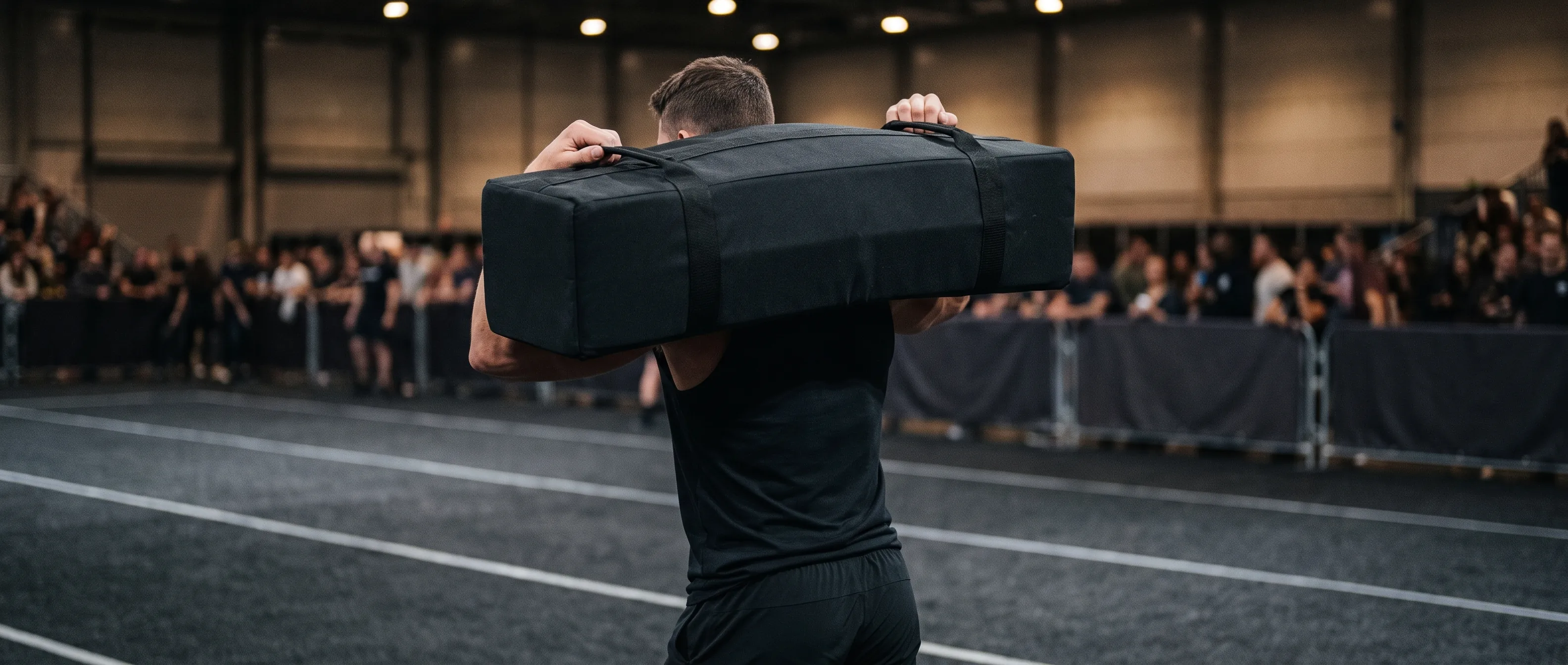 A HYROX athlete braces under a shoulder-carried sandbag in a dim arena.
