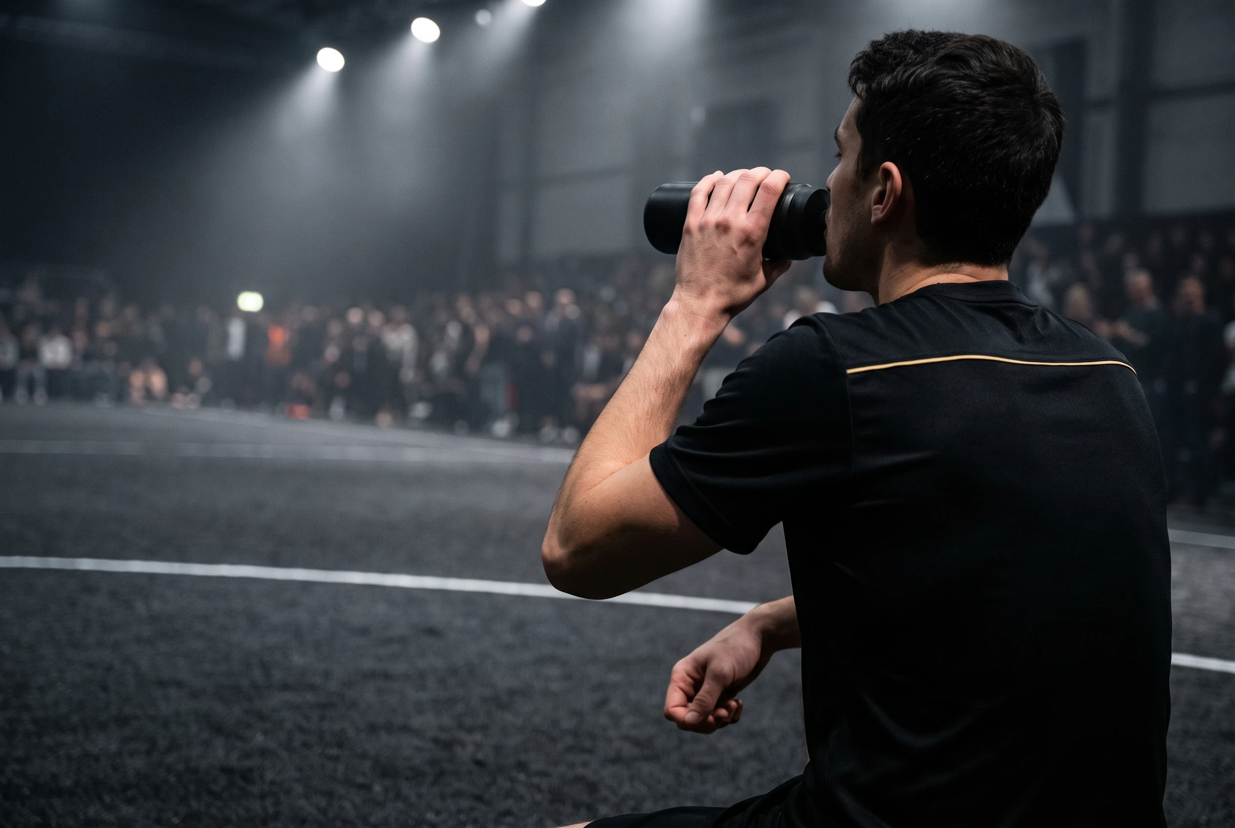 A HYROX athlete drinks from a plain black bottle beside a dark arena lane.