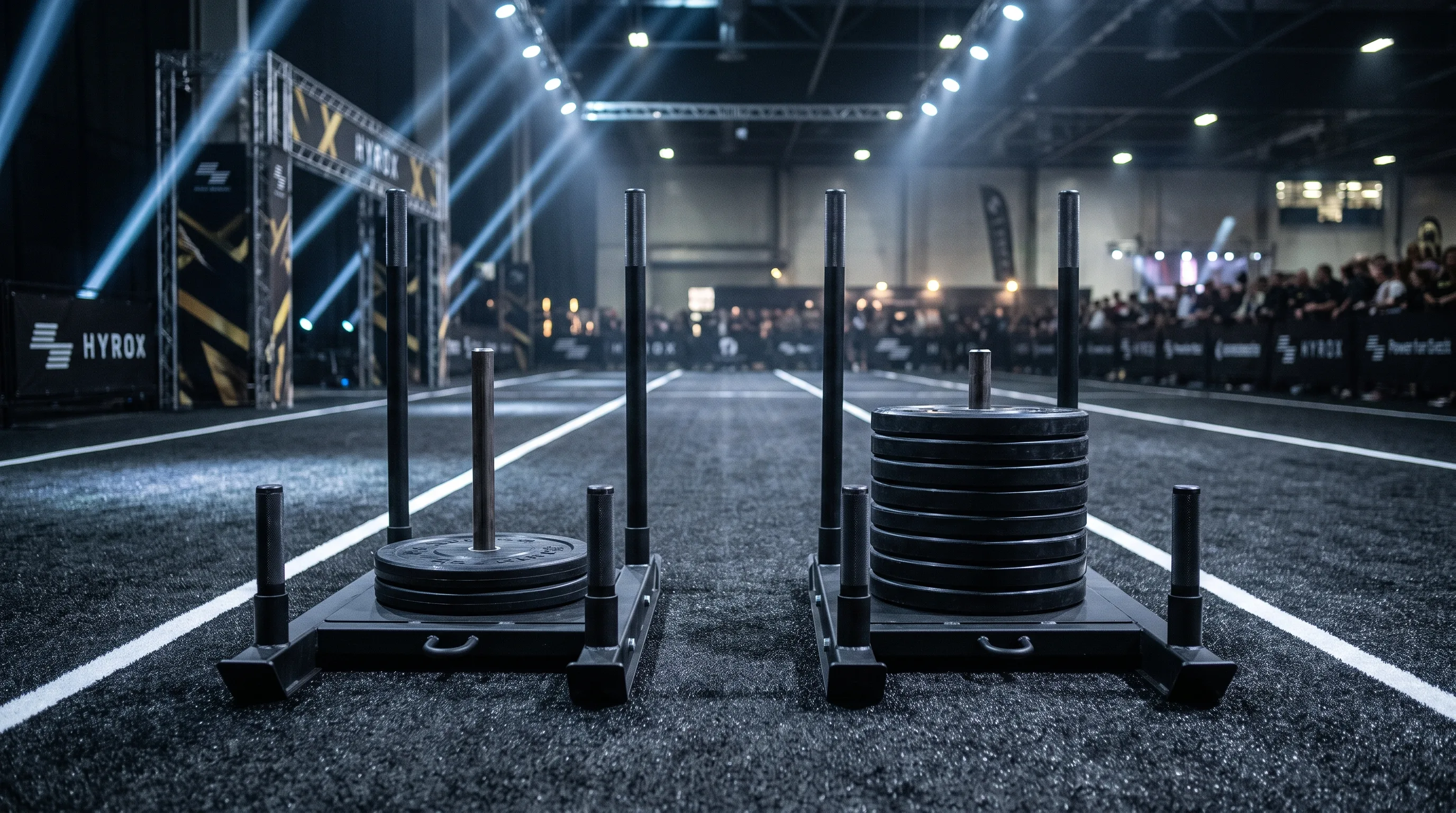 A lighter Open sled sits beside a heavier Pro sled on a dark HYROX floor.
