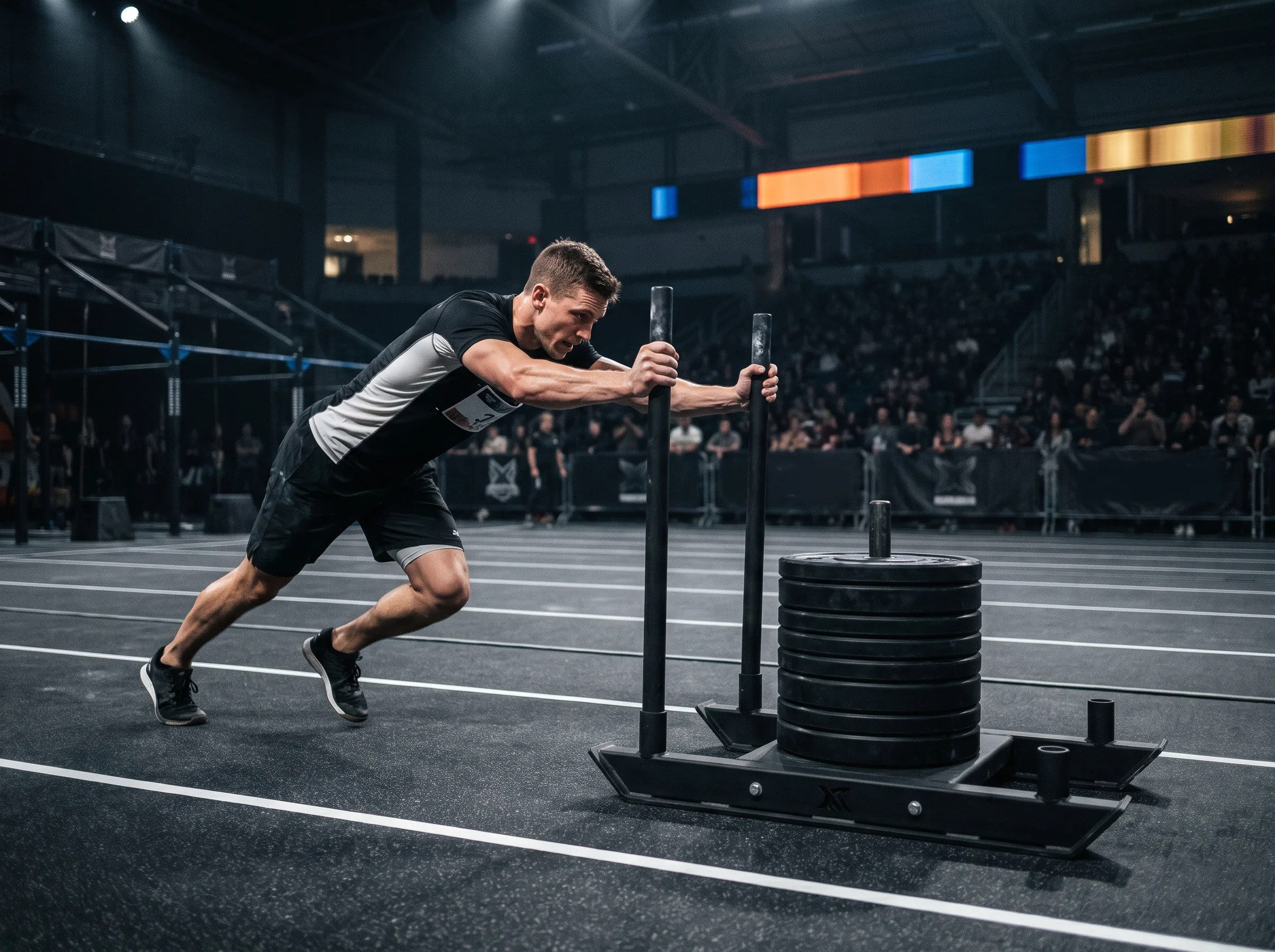 Athlete driving a heavy Pro sled push on a dark HYROX race floor.