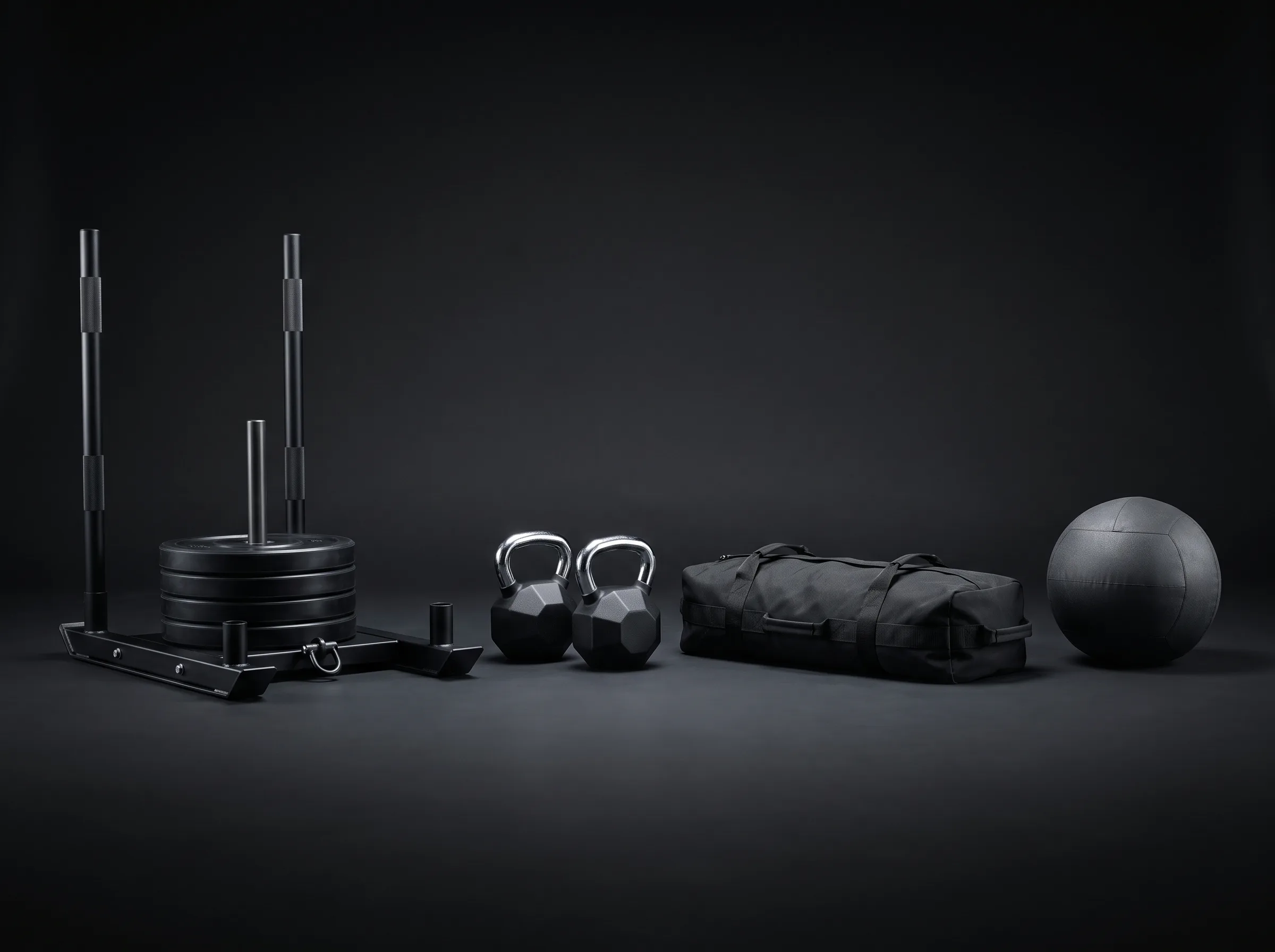 Sled, kettlebells, sandbag and wall ball lined up on a dark studio background.
