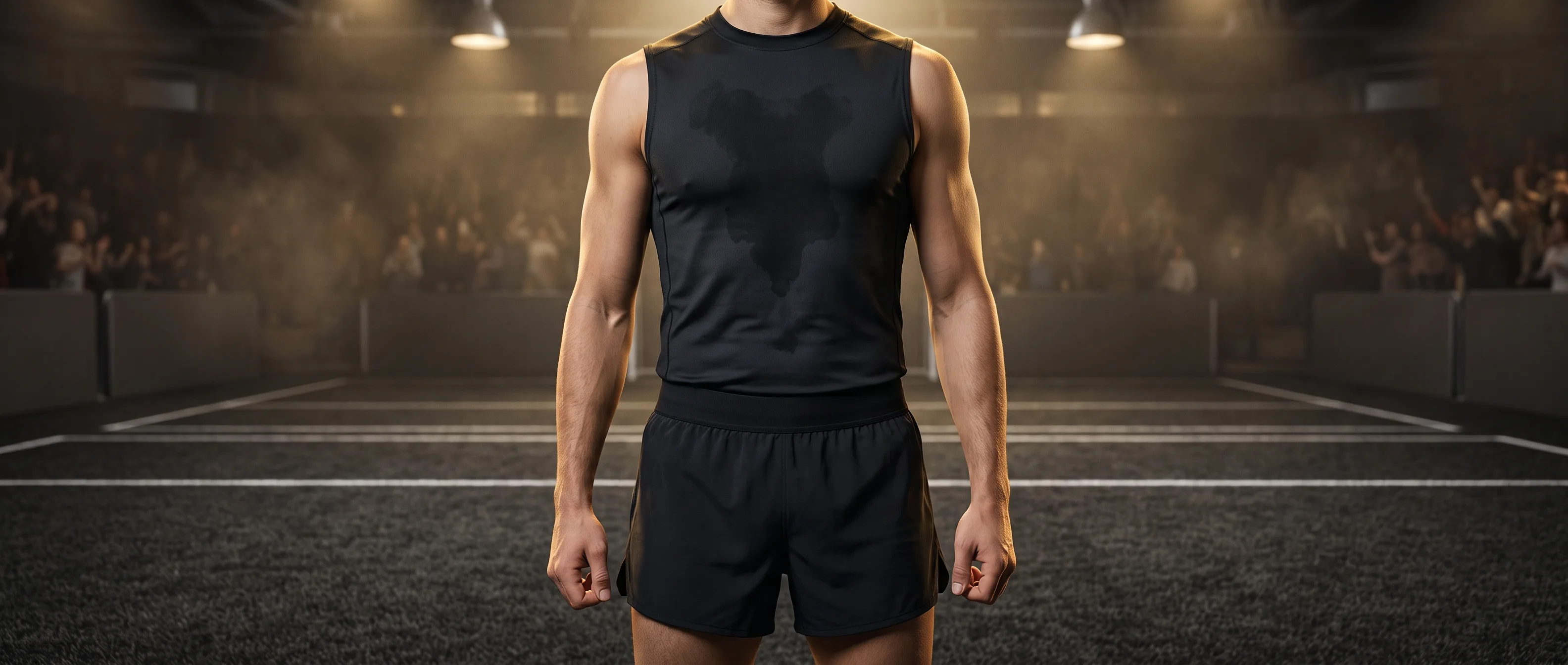 Athlete's sweat-darkened unbranded black race kit photographed on dark HYROX competition turf