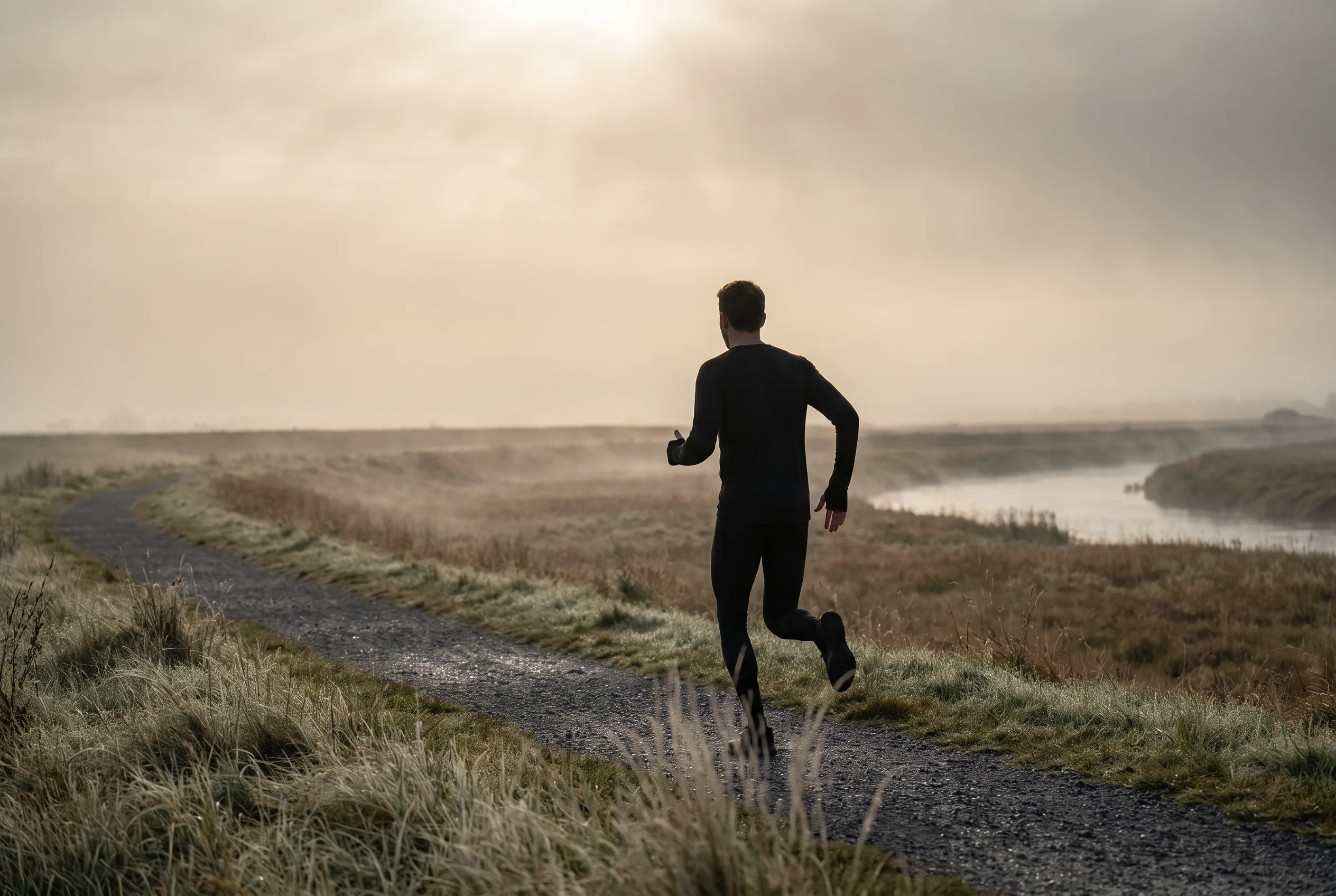 Runner on an easy jog along a misty gravel path, the session a HYROX training log keeps