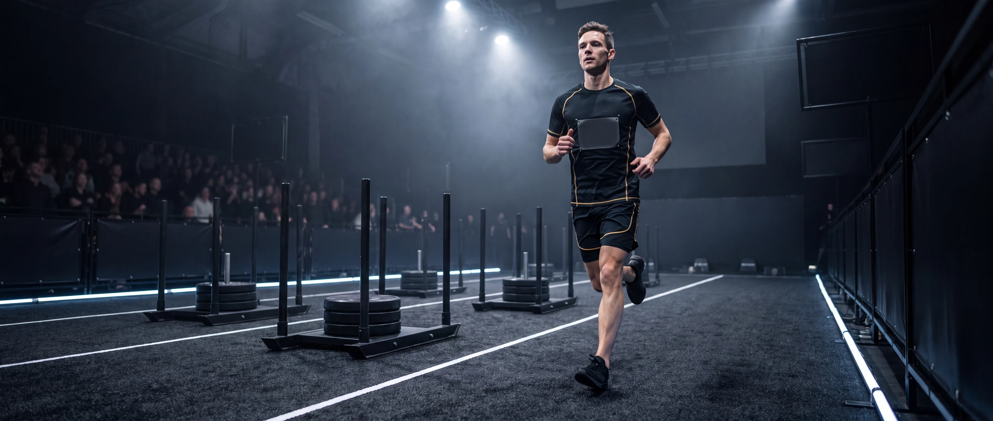A HYROX athlete runs at a controlled pace through the arena transition zone past sled lanes.