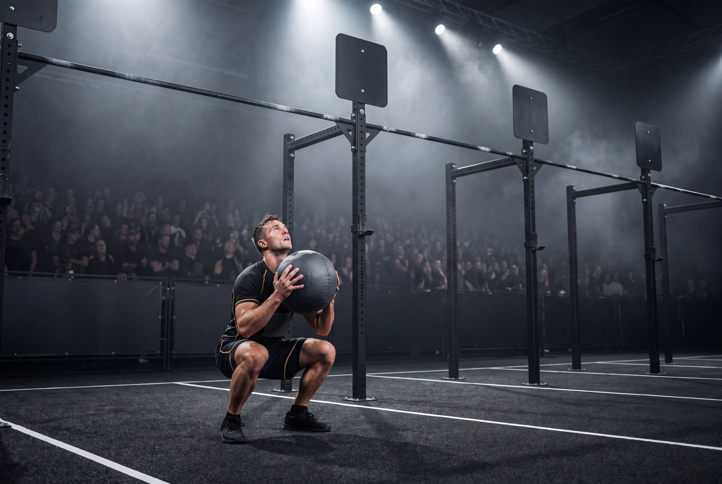A fatigued HYROX athlete squats deep before throwing a wall ball at the high target.