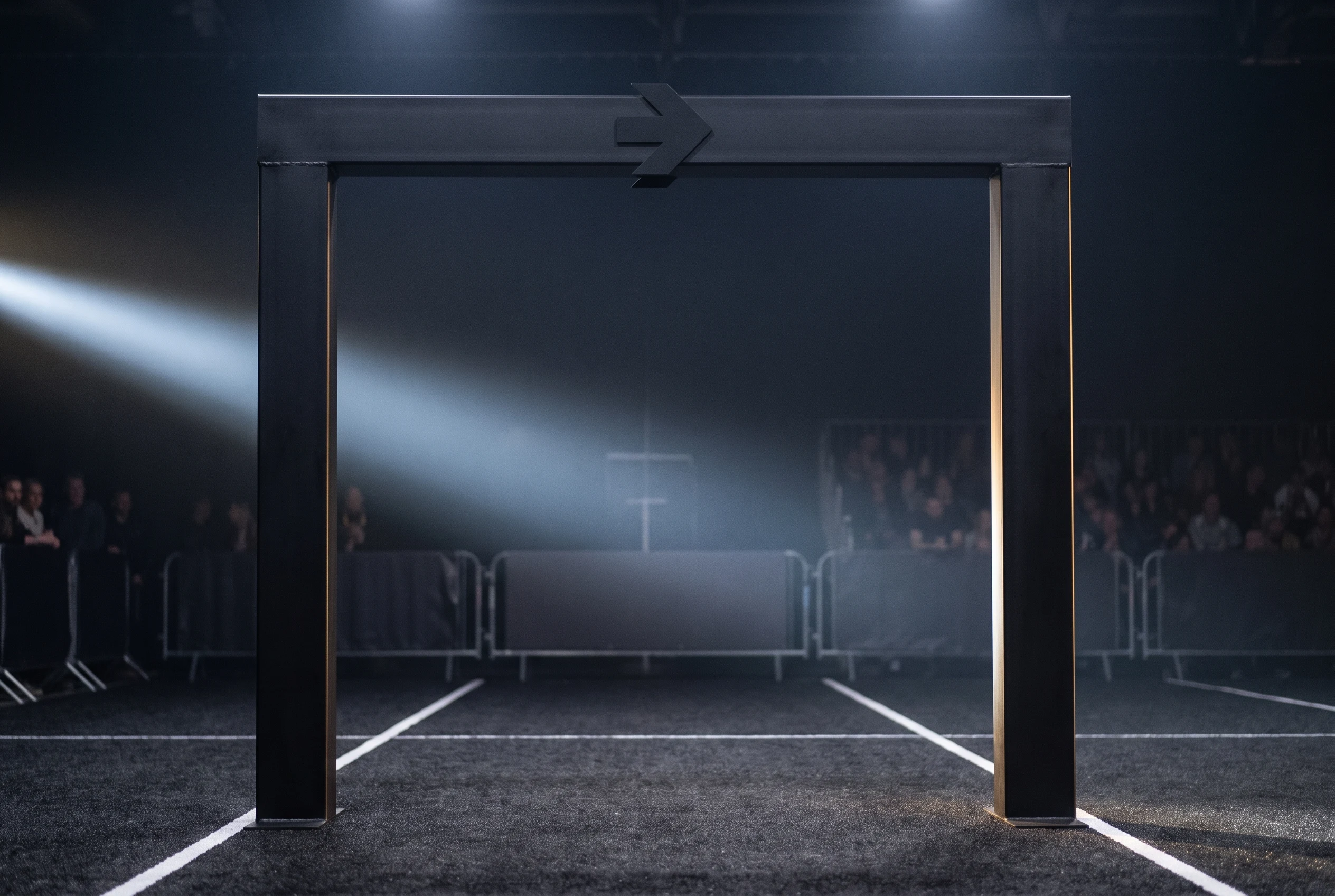 Black goalpost gantry with a directional arrow marking a HYROX course route